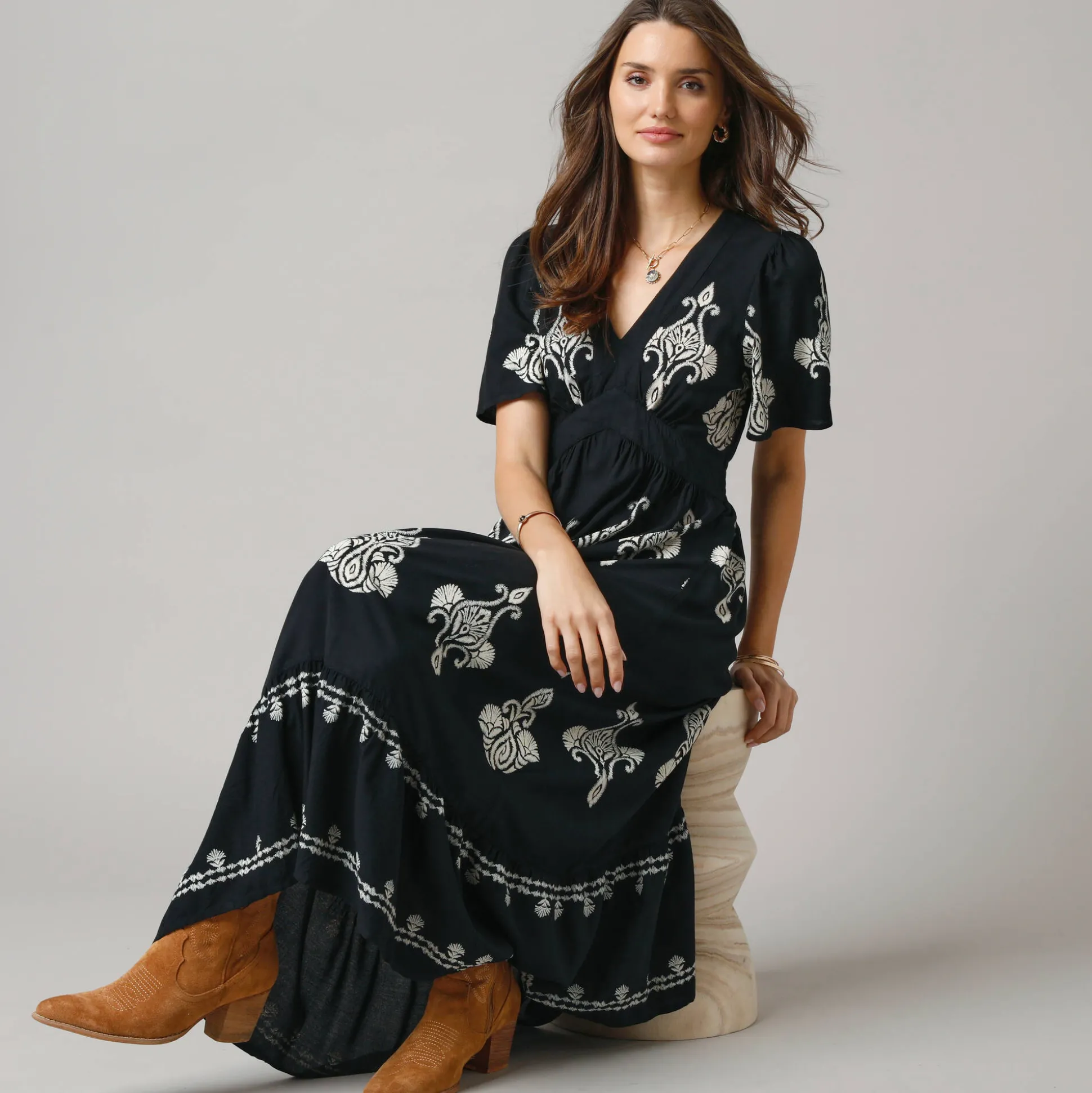 Bohemian lange jurk, print met borduureffect