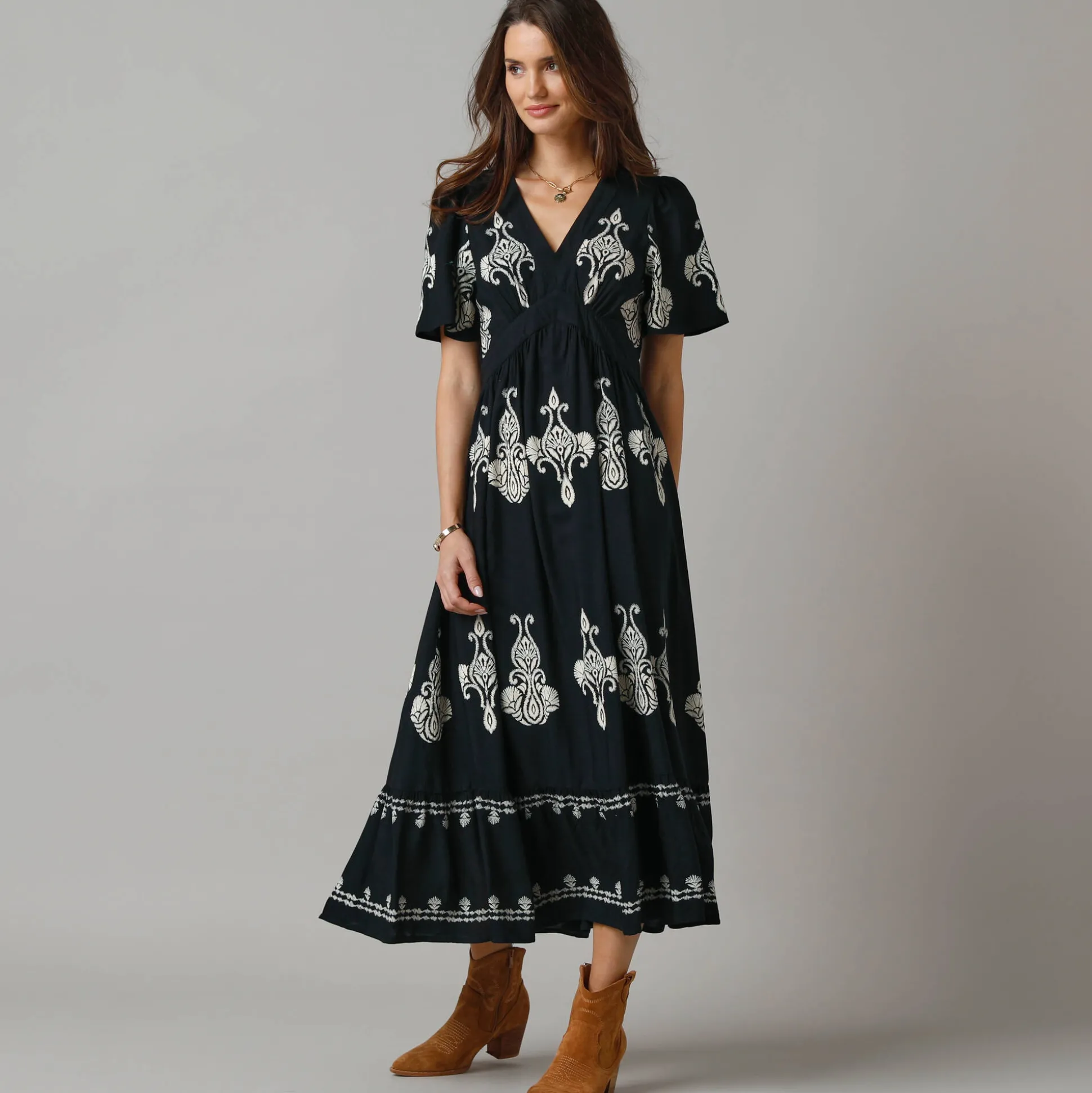 Bohemian lange jurk, print met borduureffect