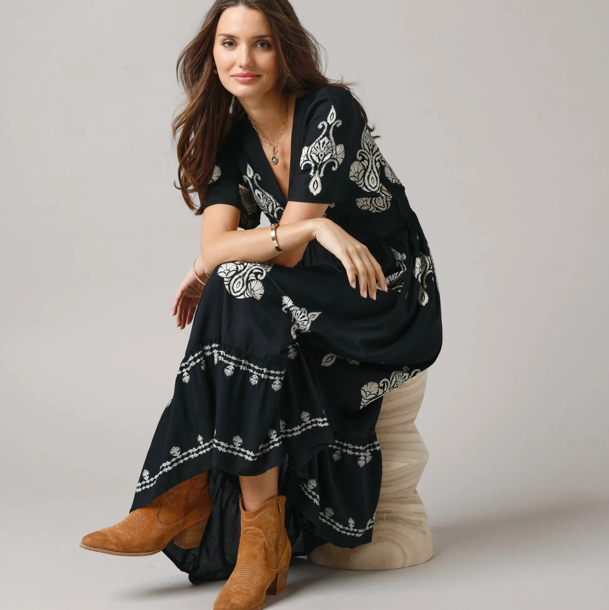 Bohemian lange jurk, print met borduureffect