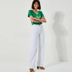 Broek in twill, ruim model met hoge taille, grote lengte