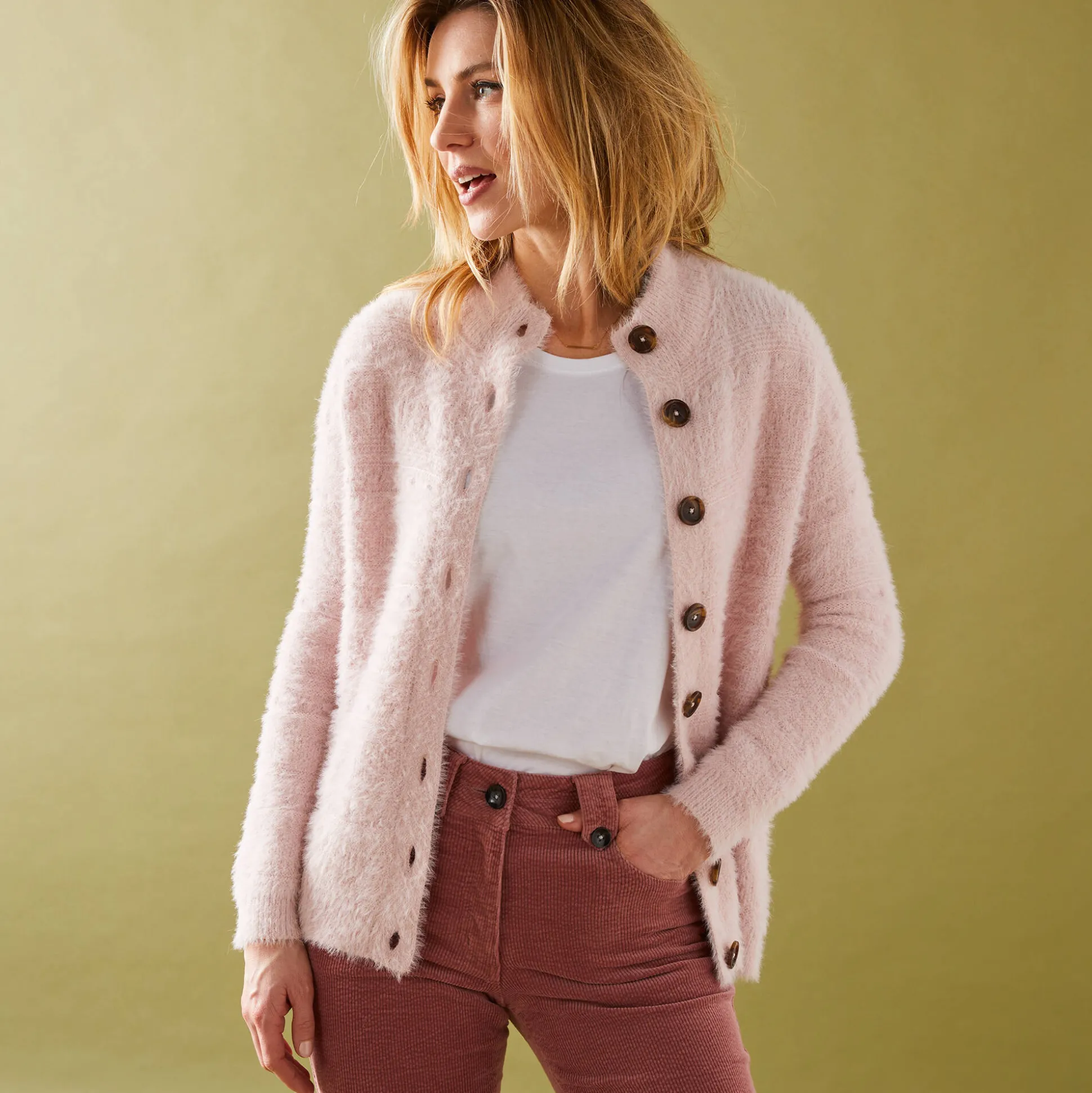 Cardigan in harig fantasietricot met knopen