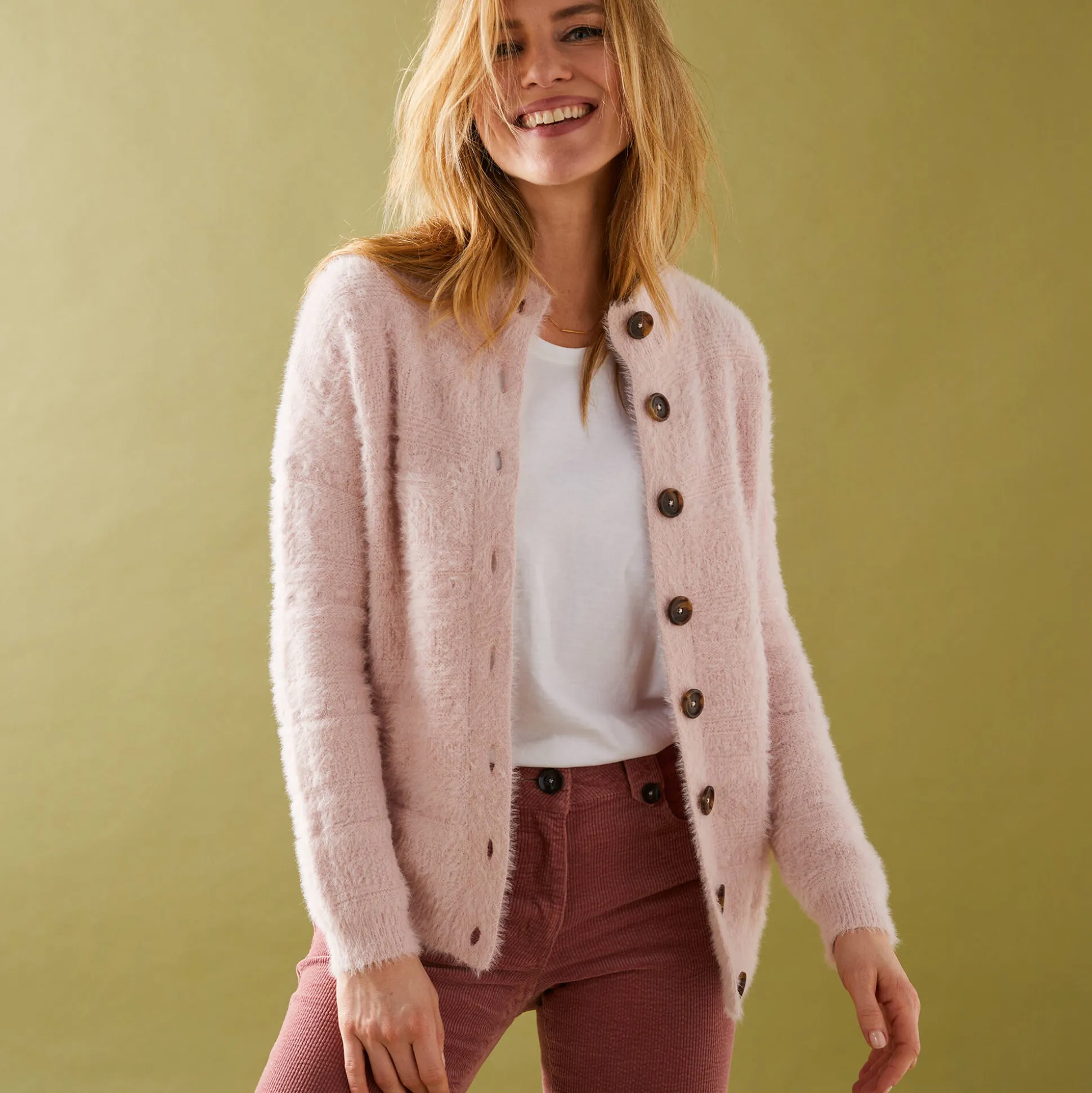 Cardigan in harig fantasietricot met knopen
