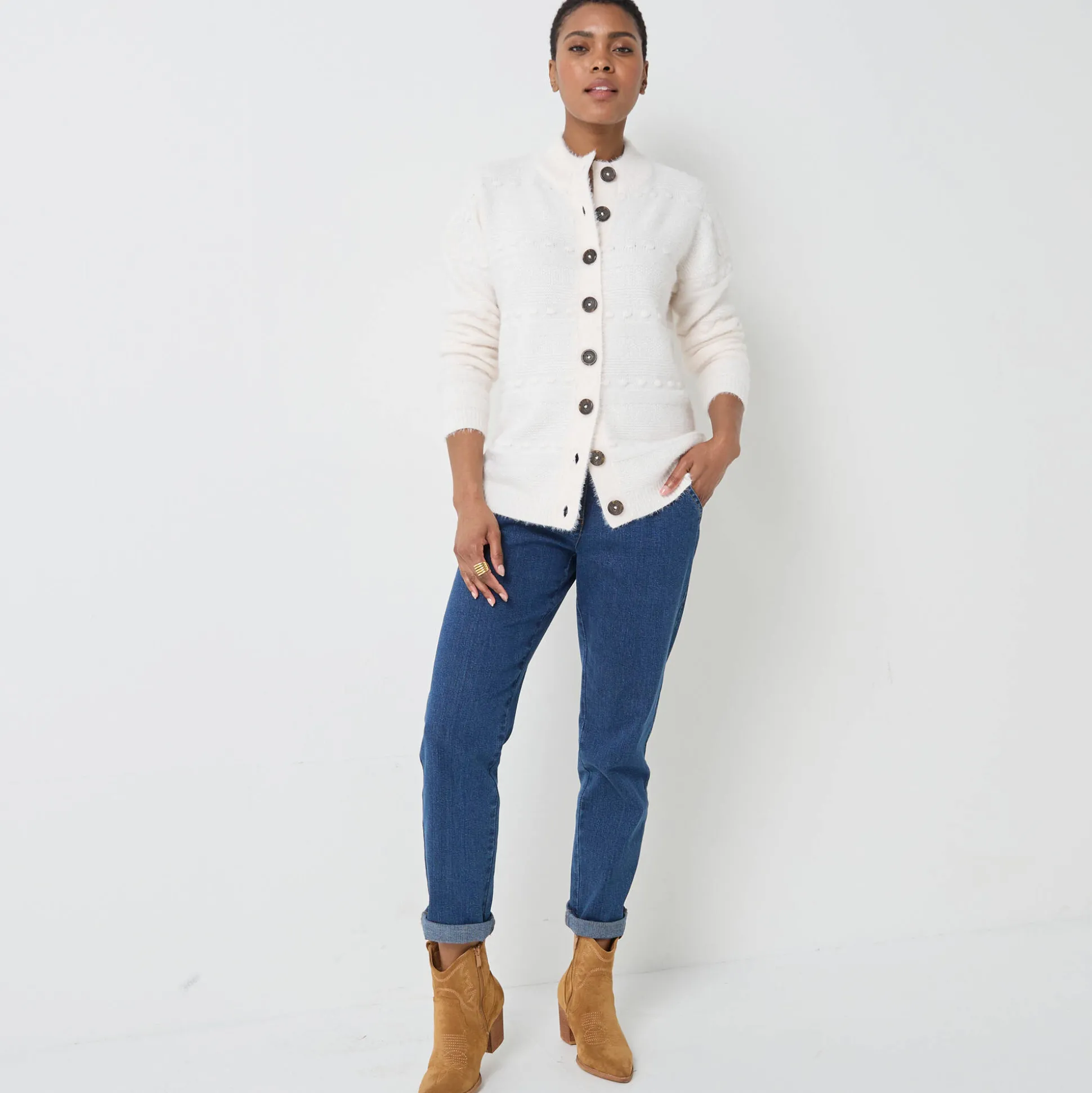 Cardigan in harig fantasietricot met knopen