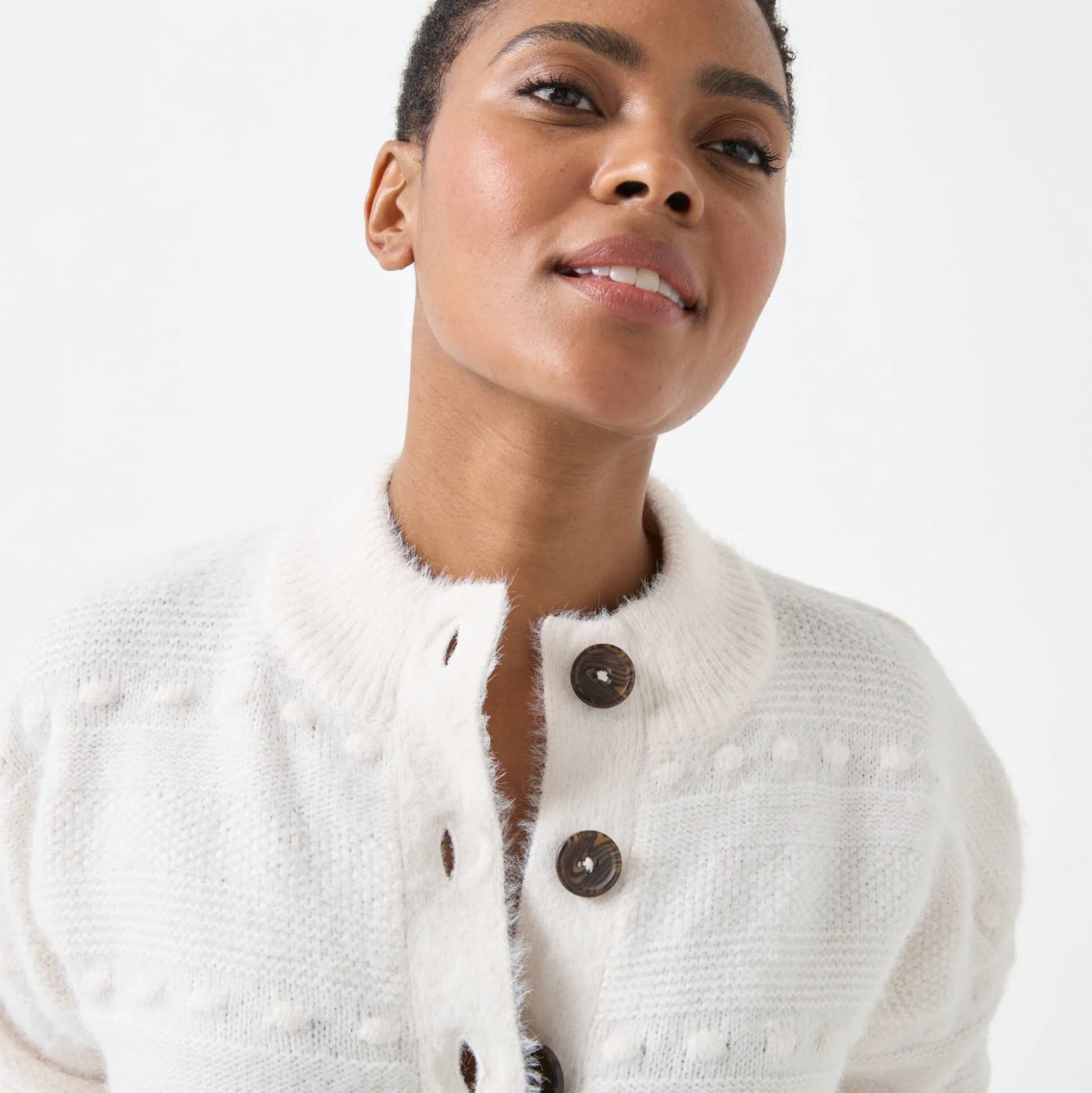 Cardigan in harig fantasietricot met knopen