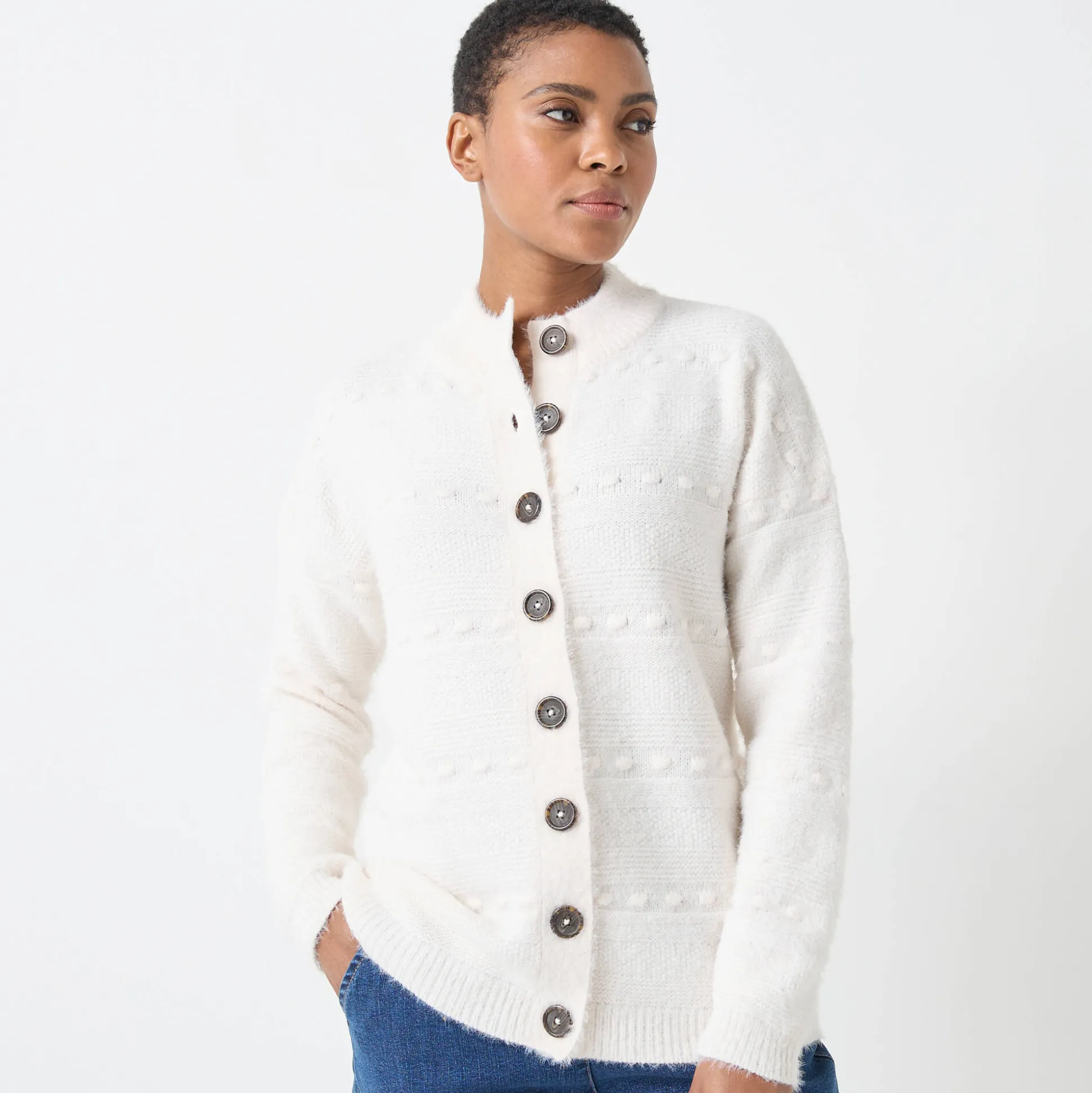 Cardigan in harig fantasietricot met knopen