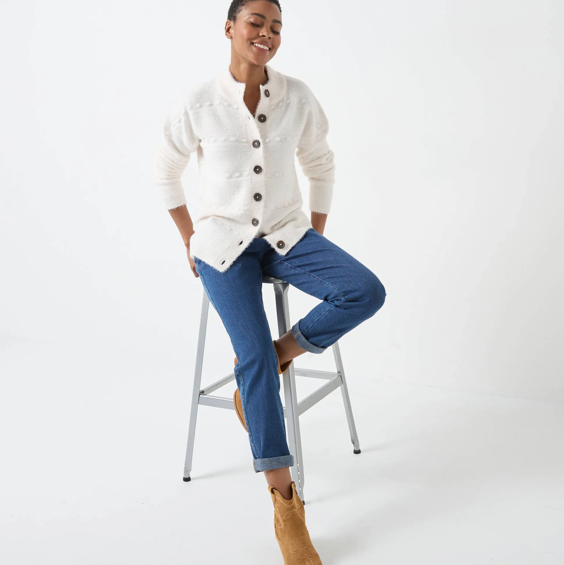 Cardigan in harig fantasietricot met knopen