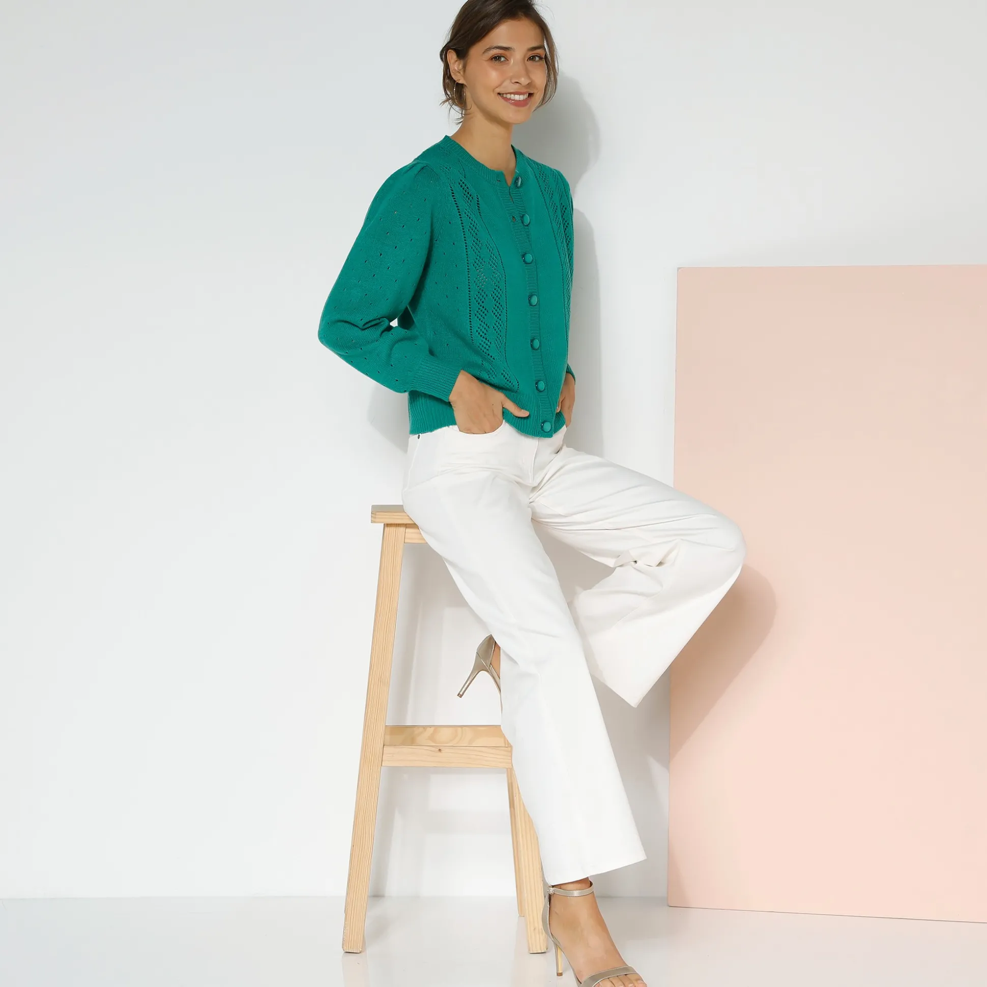 Cardigan met knoopsluiting, ajourtricot