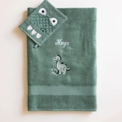 Collectie geborduurd kinderbadlinnen in katoen met dinosaurusmotief, personaliseerbaar - 380 g/m2