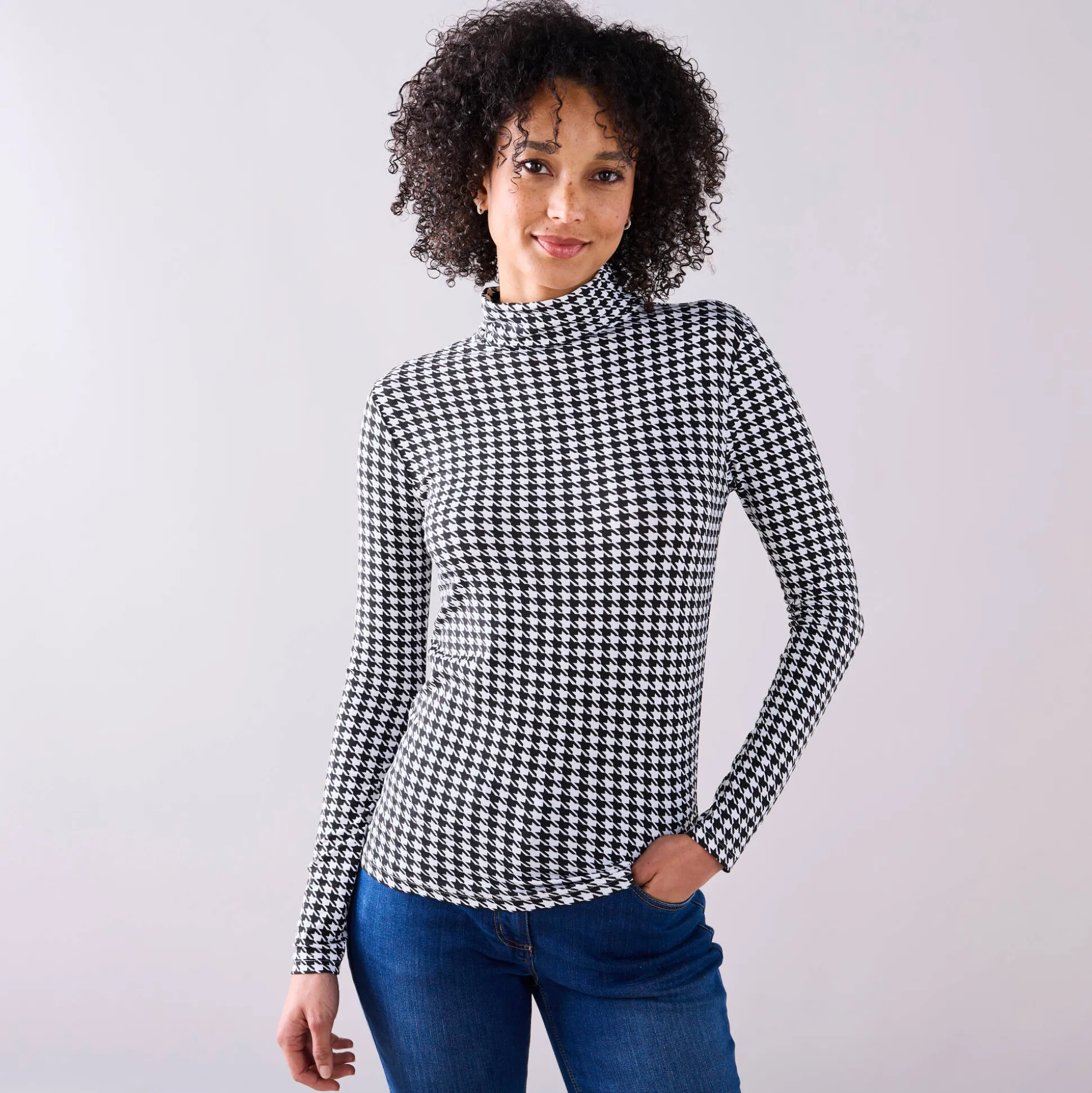 Coltrui met opstaande kraag en pied-de-poule print, stretch