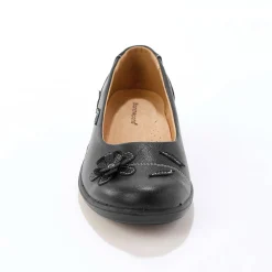 Comfortabele brede leren ballerina's met bloemapplicatie