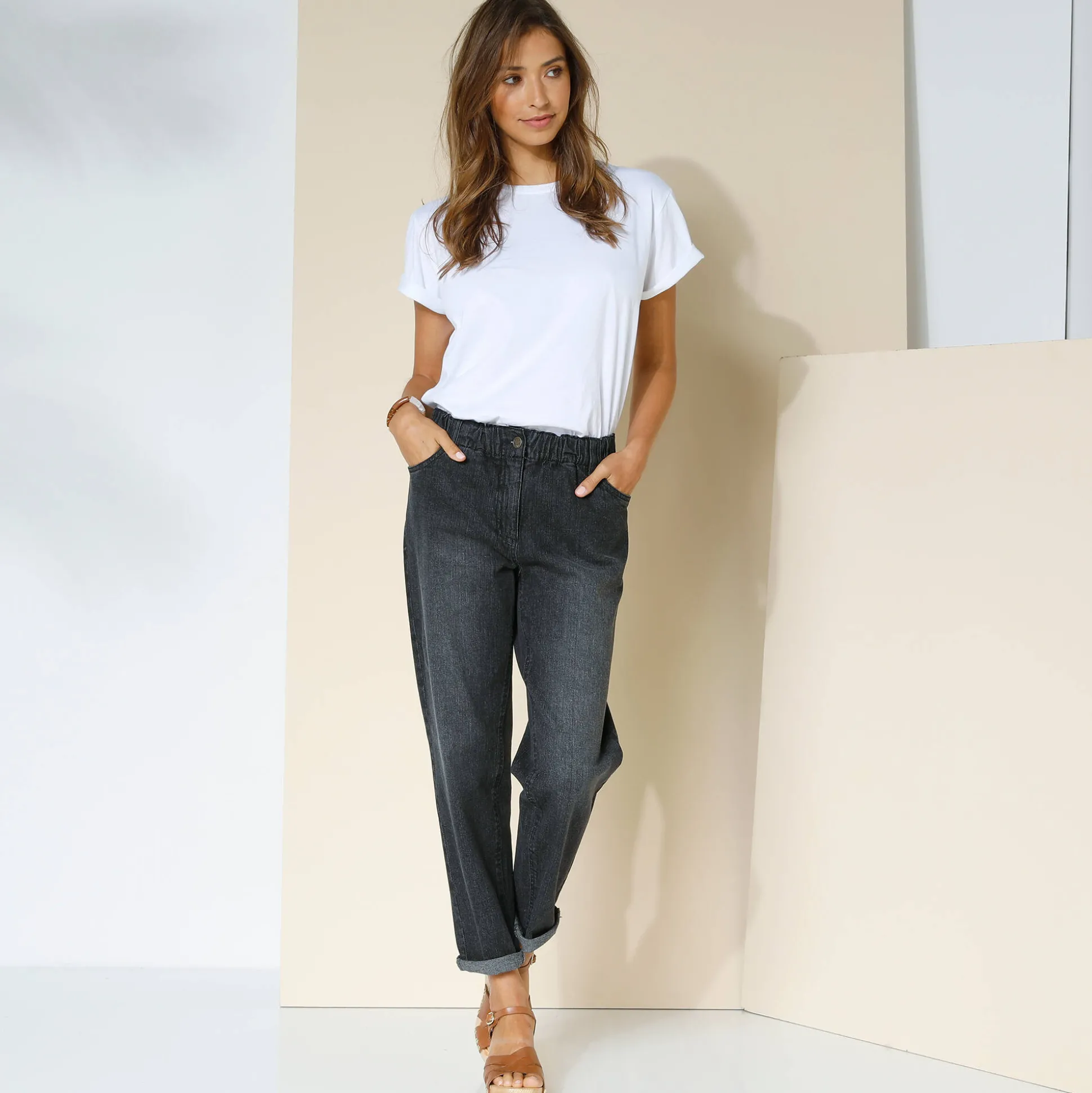 Comfortabele stretchjeans in 'mom' model, elastische taille