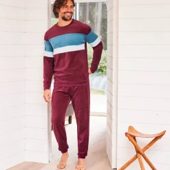 Driekleurige pyjama in velours, lange mouwen