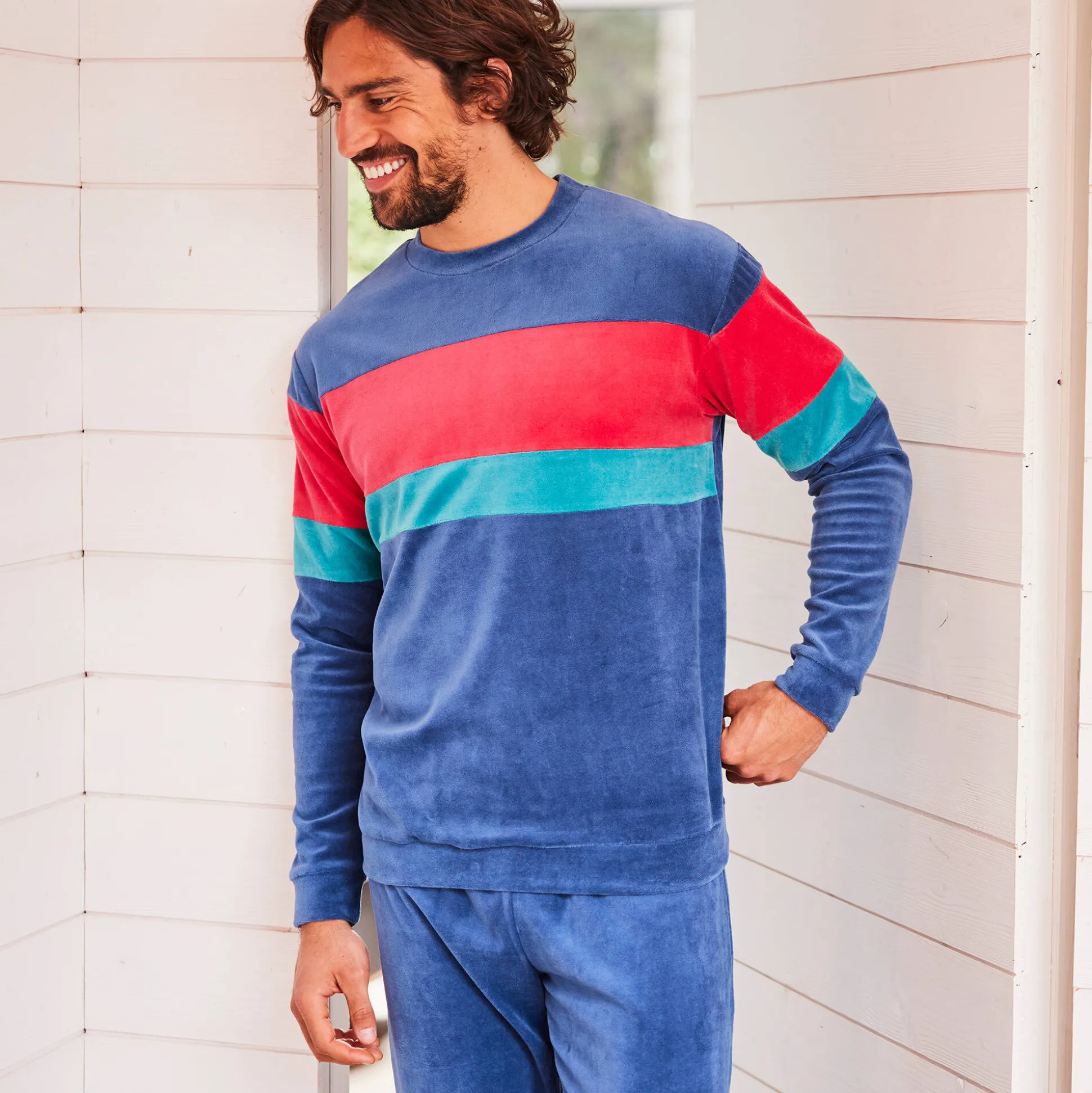 Driekleurige pyjama in velours, lange mouwen