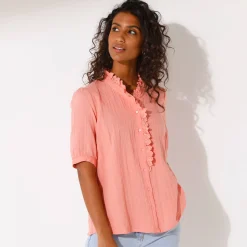 Effen bloes met knoopsluiting en geborduurde details, in katoengaas
