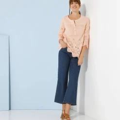 Effen bloes met 3/4-mouwen, broderie anglaise