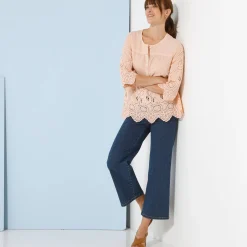 Effen bloes met 3/4-mouwen, broderie anglaise
