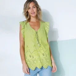 Effen bloes met V-hals en knoopsluiting, broderie anglaise