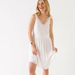 Effen jurk in crepon en macramé
