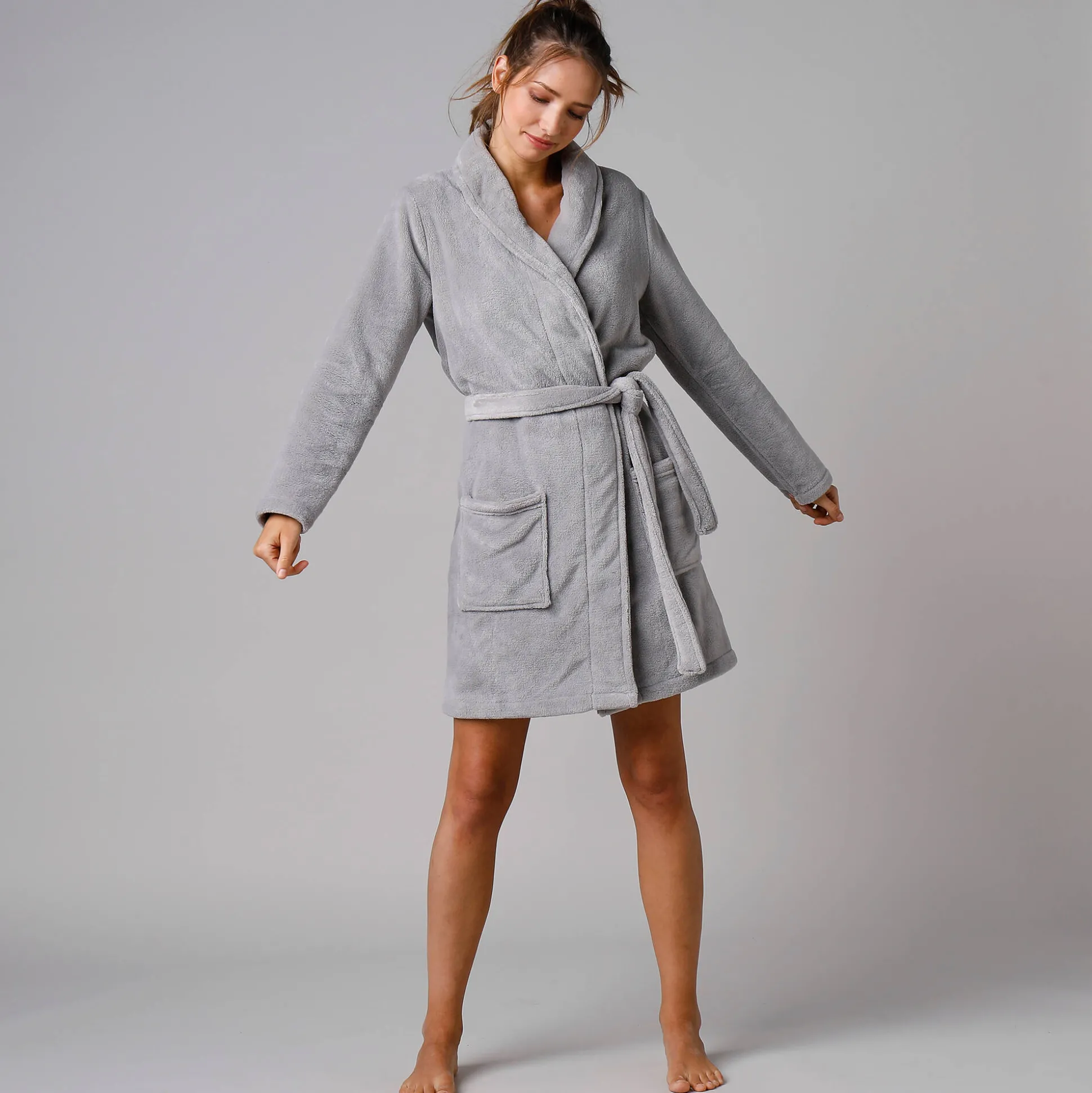Effen peignoir in fleece met pluchetouch - 92 cm lang, lange mouwen