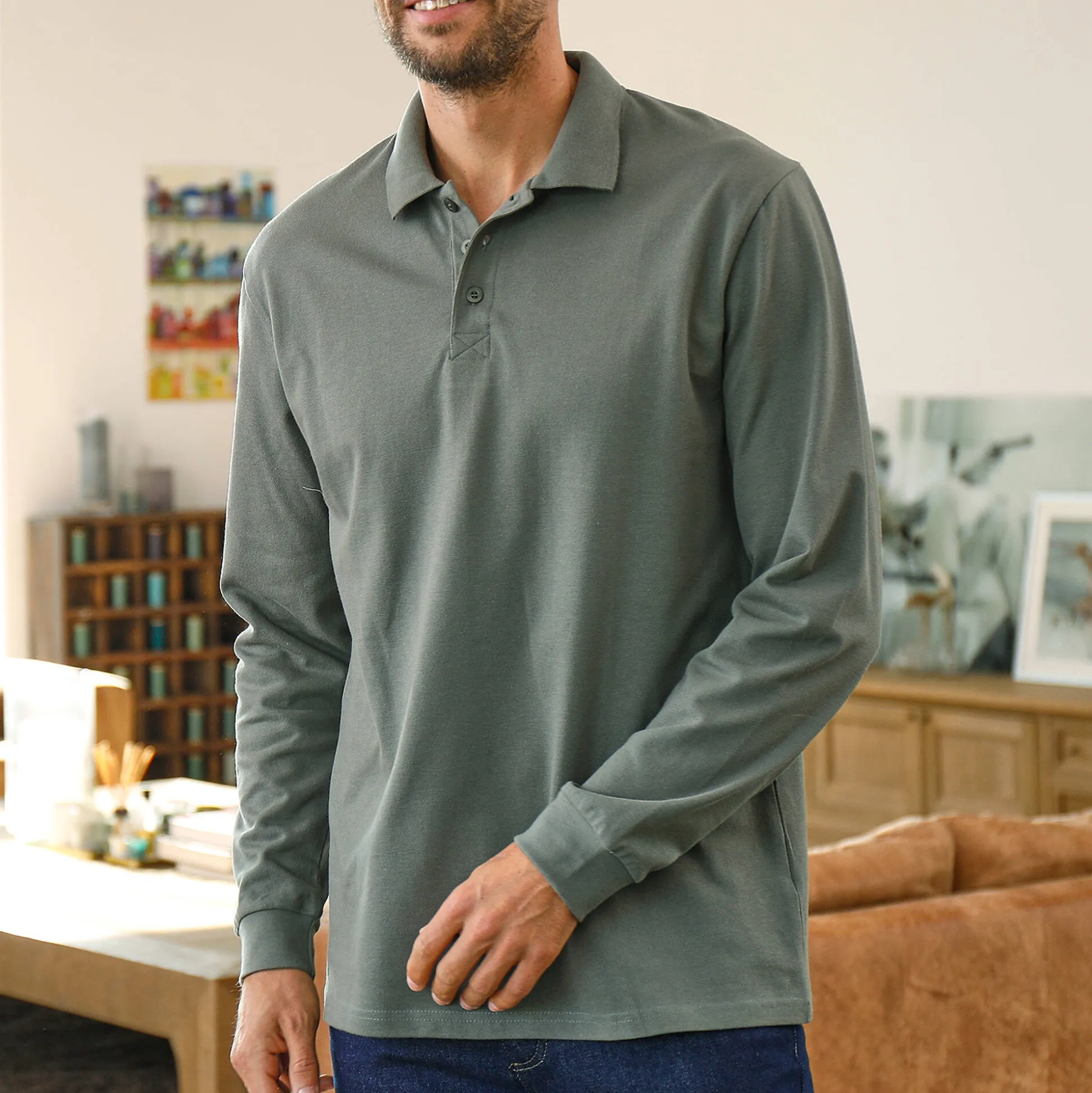 Effen polo in piquétricot met lange mouwen
