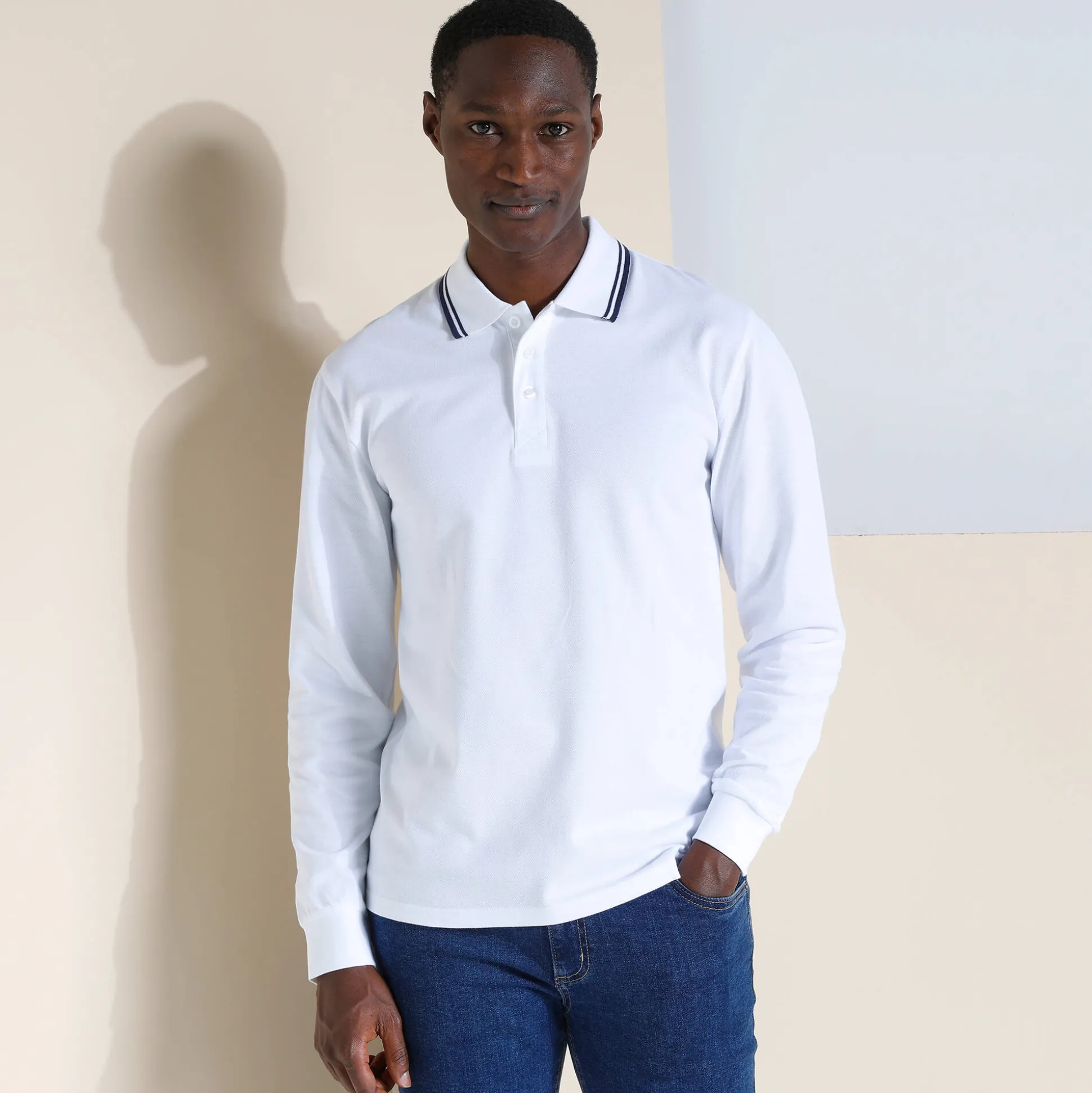 Effen polo in piquétricot met lange mouwen