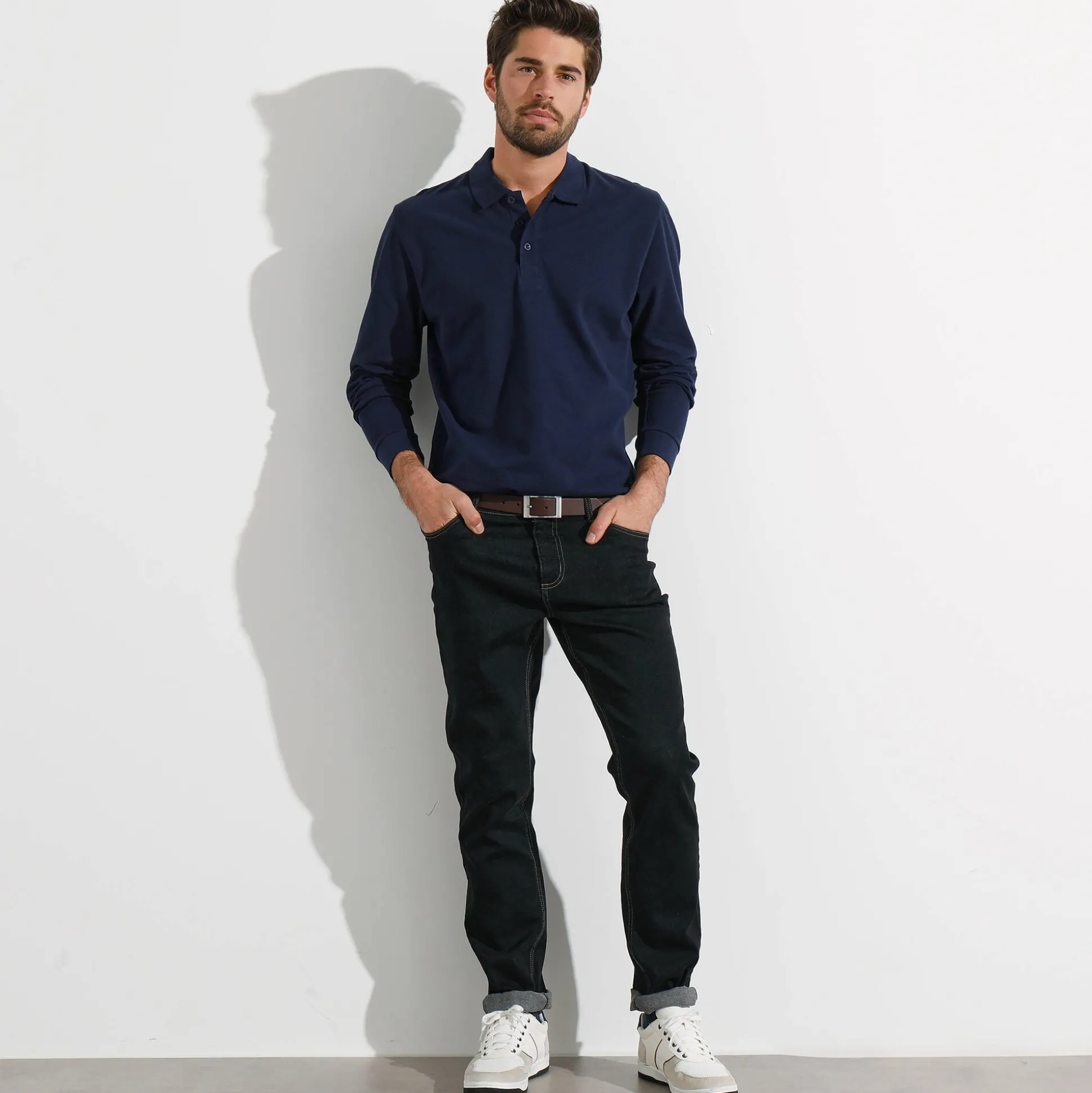 Effen polo in piquétricot met lange mouwen