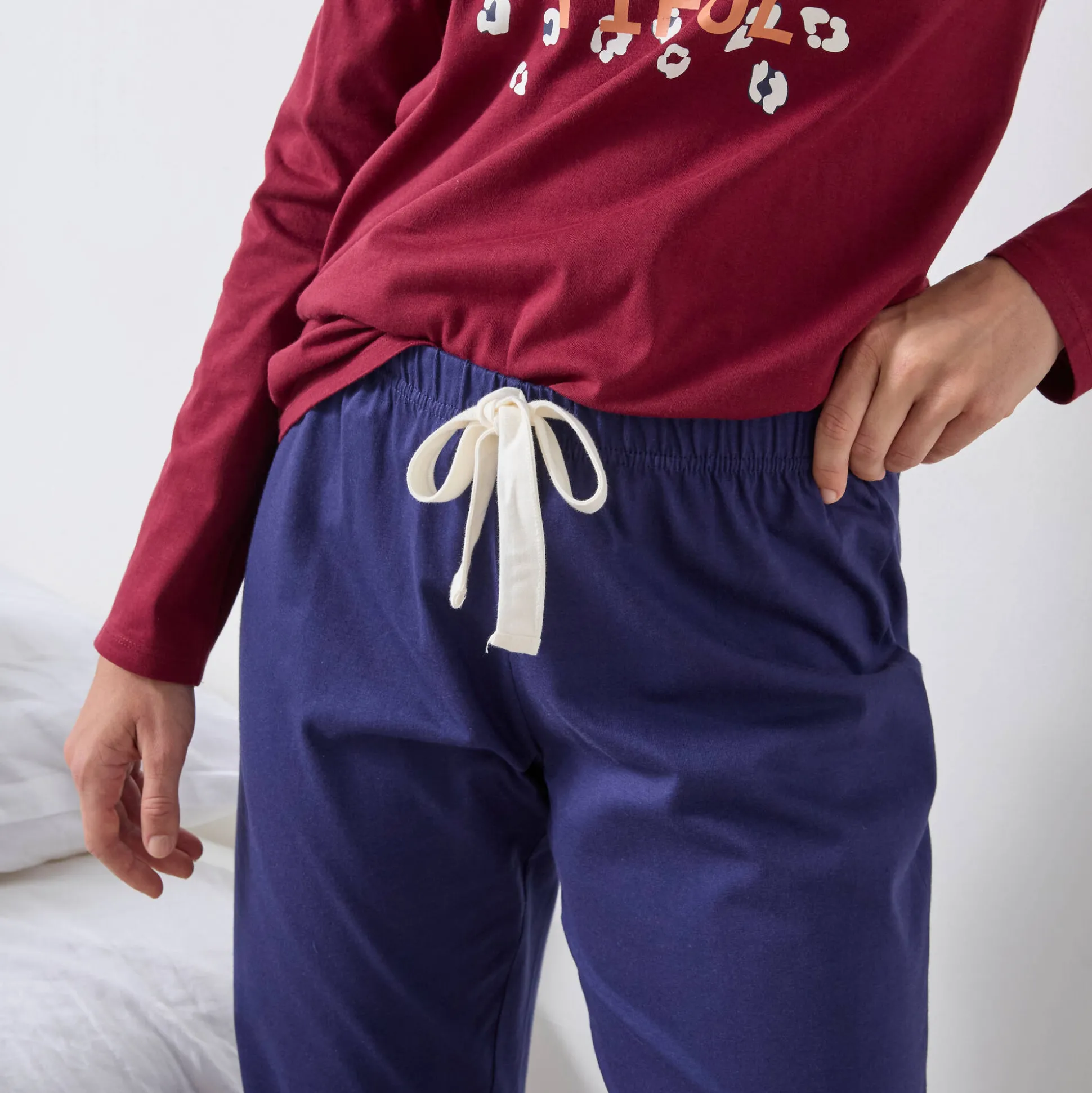 Effen pyjamabroek in katoen met geplaatste print "Beautiful"