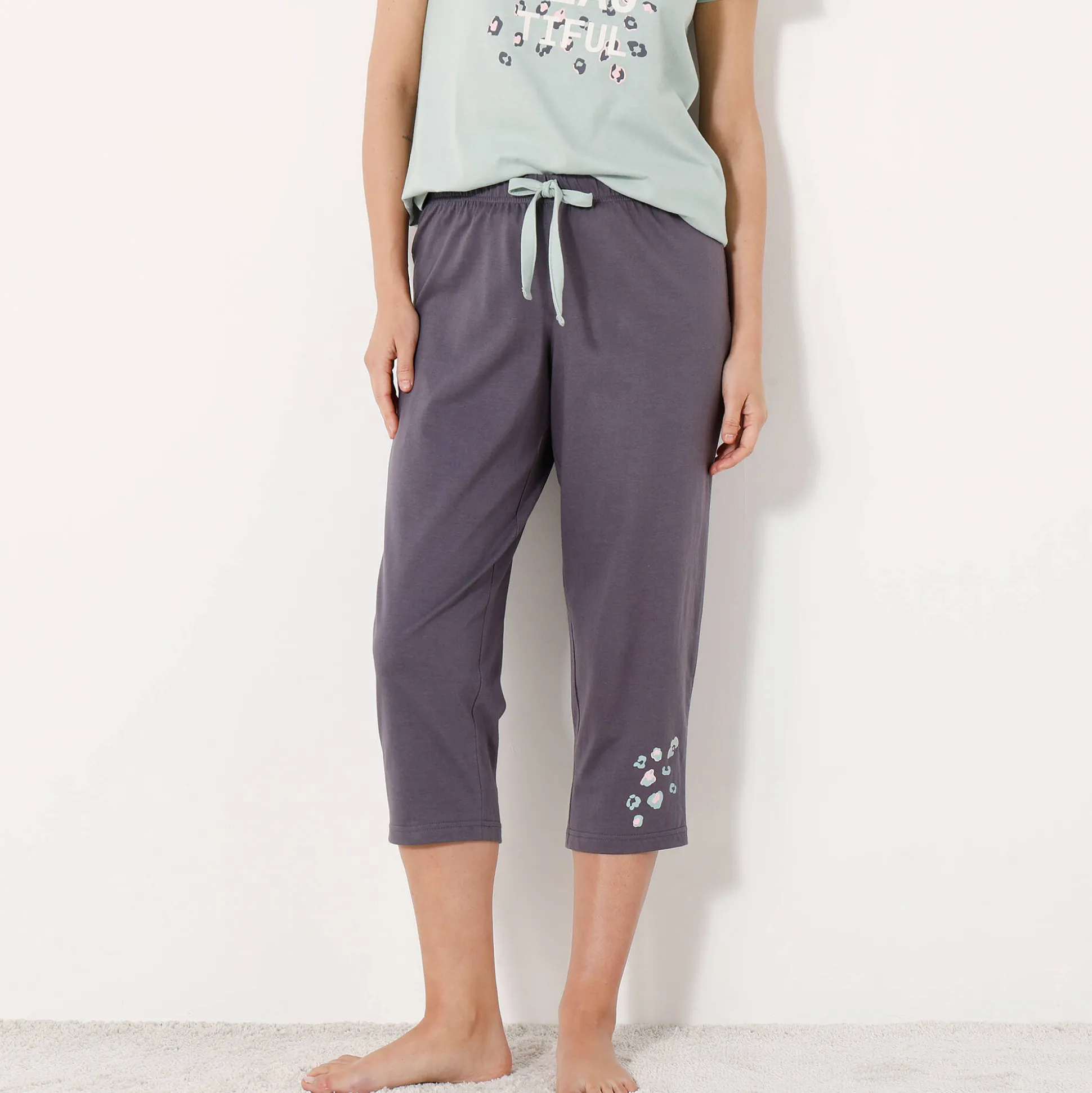 Effen 3/4-pyjamabroek met geplaatste print "Beautiful"