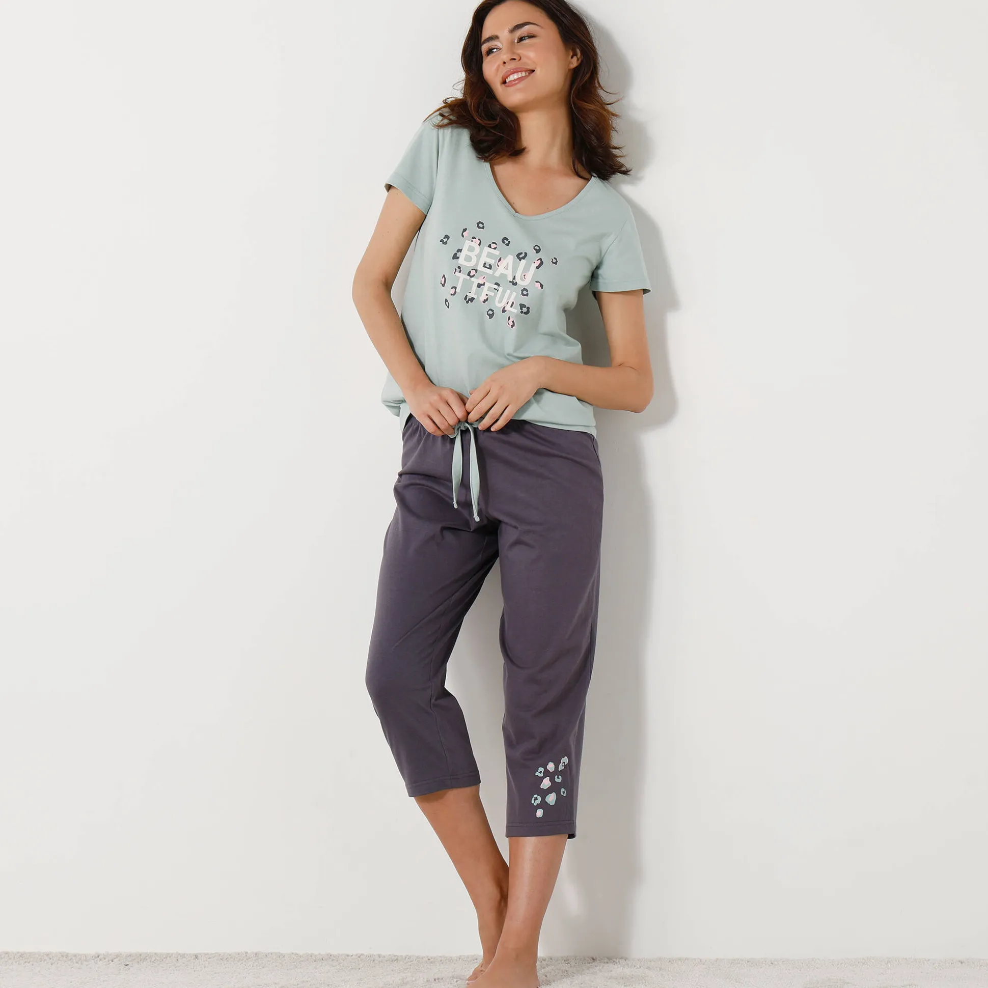 Effen 3/4-pyjamabroek met geplaatste print "Beautiful"