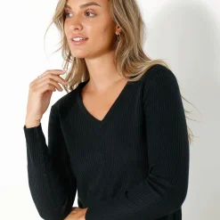 Effen trui in ribbeltricot met V-hals