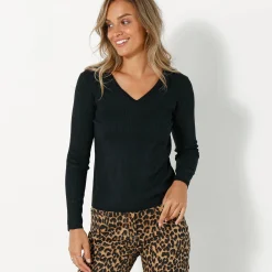 Effen trui in ribbeltricot met V-hals