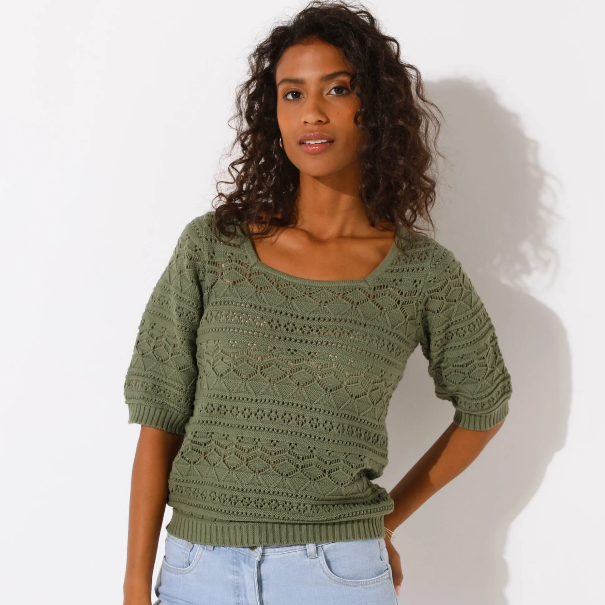 Effen trui met vierkante hals, ajourtricot