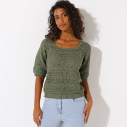 Effen trui met vierkante hals, ajourtricot