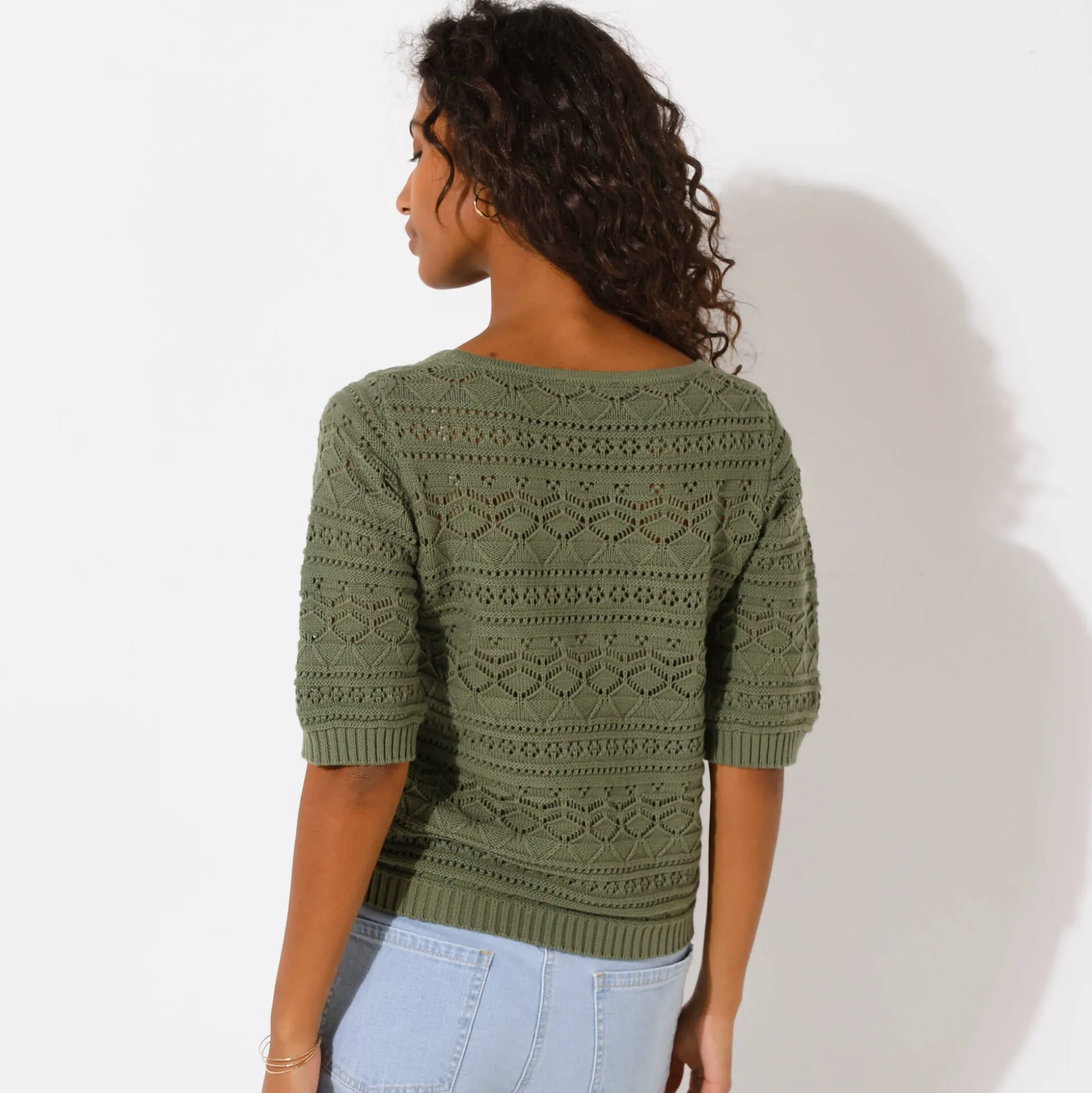 Effen trui met vierkante hals, ajourtricot