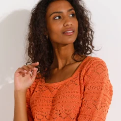 Effen trui met vierkante hals, ajourtricot