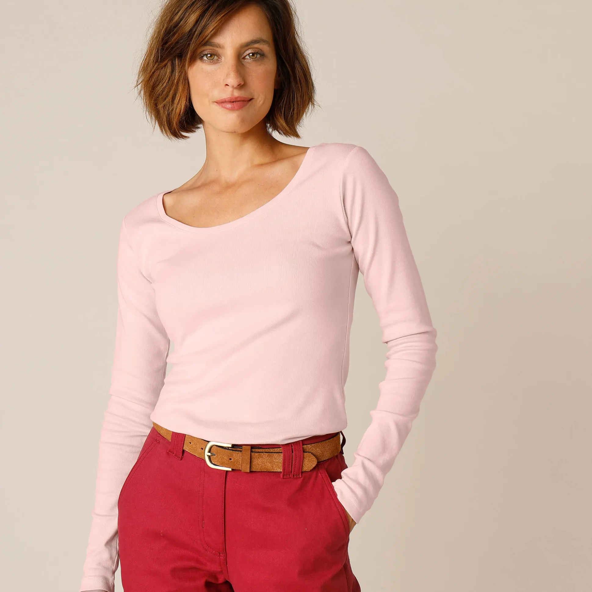 Effen T-shirt met lange mouwen in biokatoen(**)