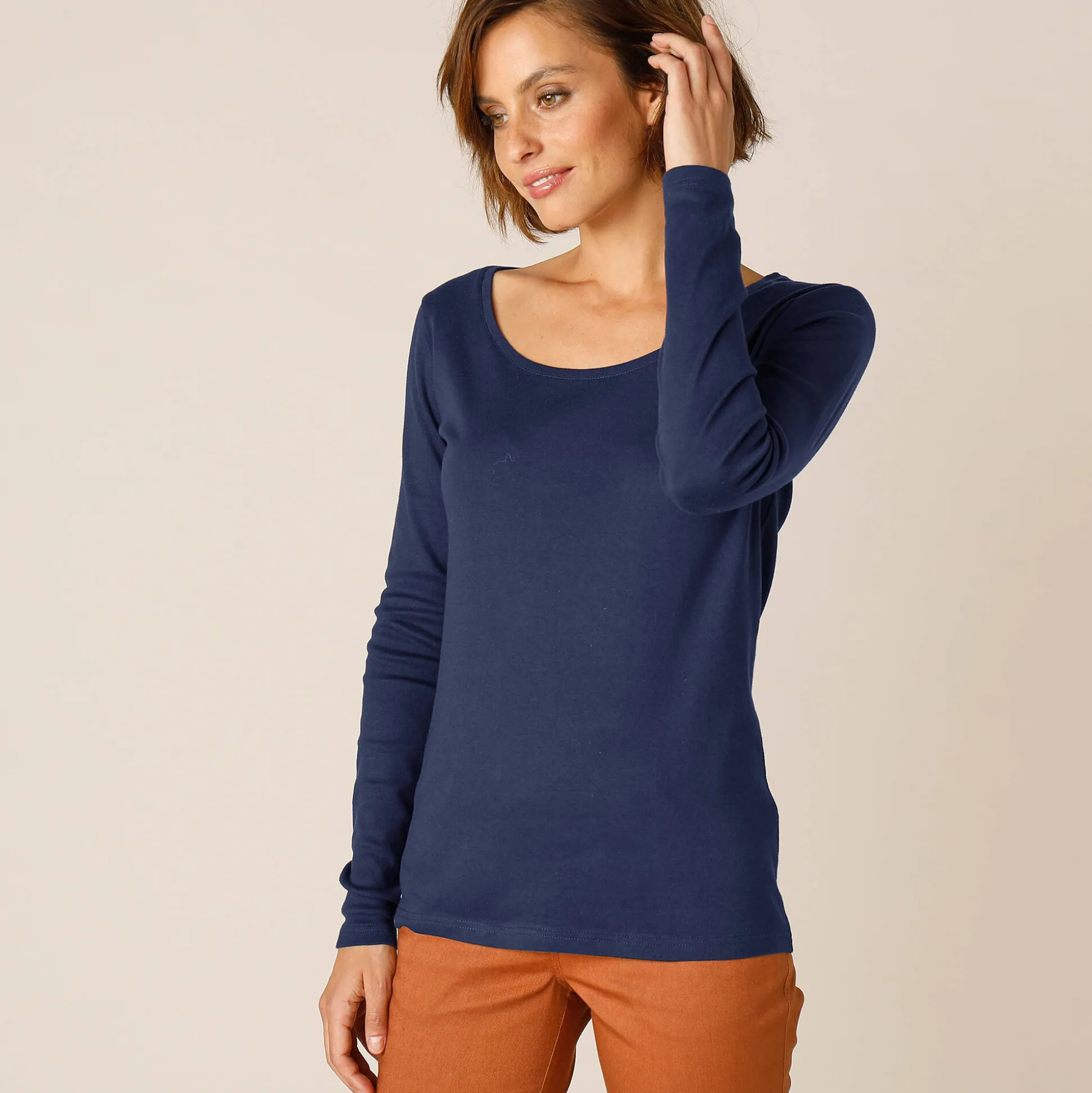 Effen T-shirt met lange mouwen in biokatoen(**)