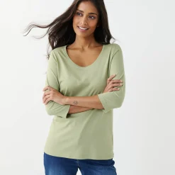 Effen T-shirt met 3/4-mouwen en ronde hals, katoen