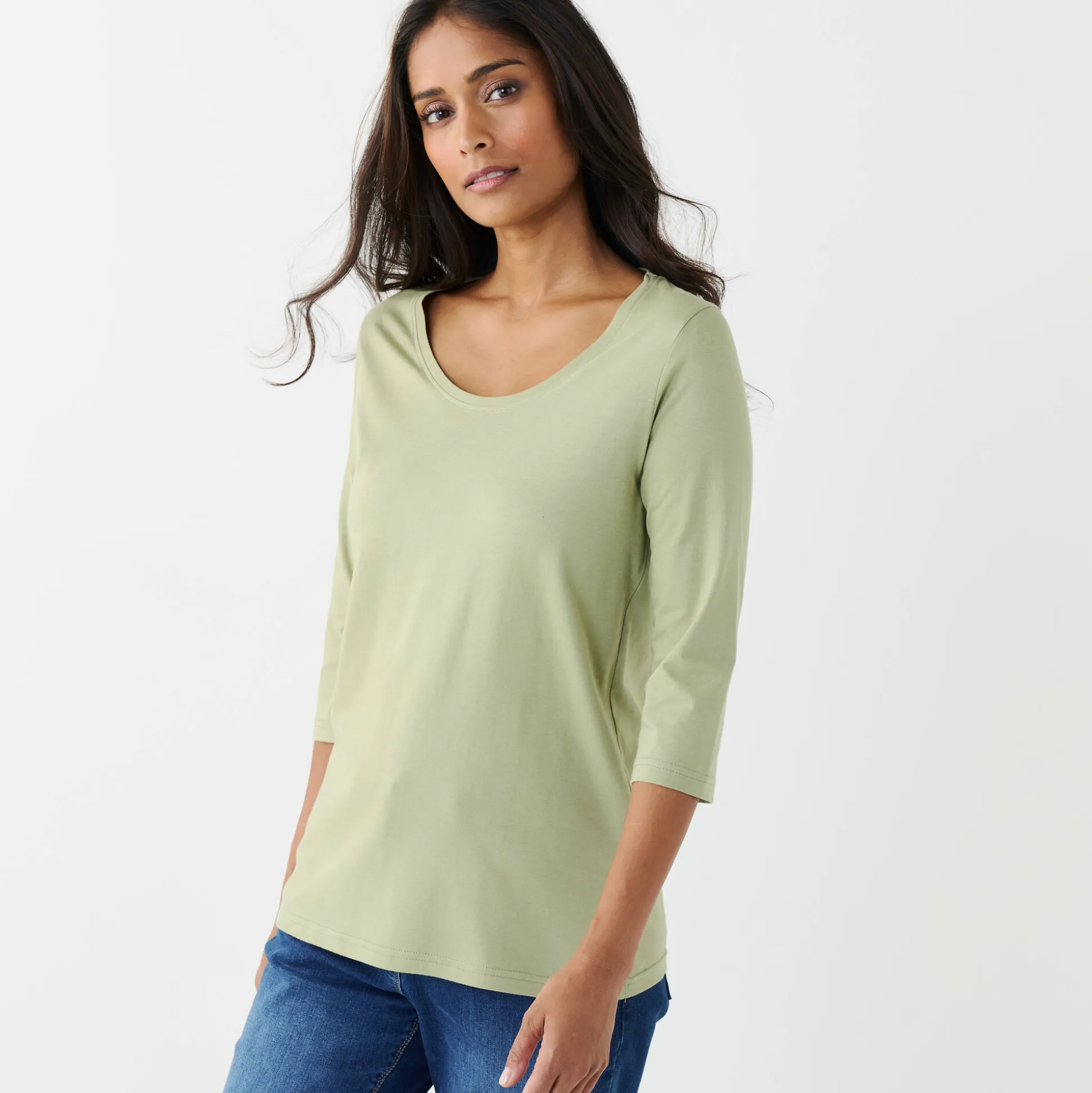 Effen T-shirt met 3/4-mouwen en ronde hals, katoen