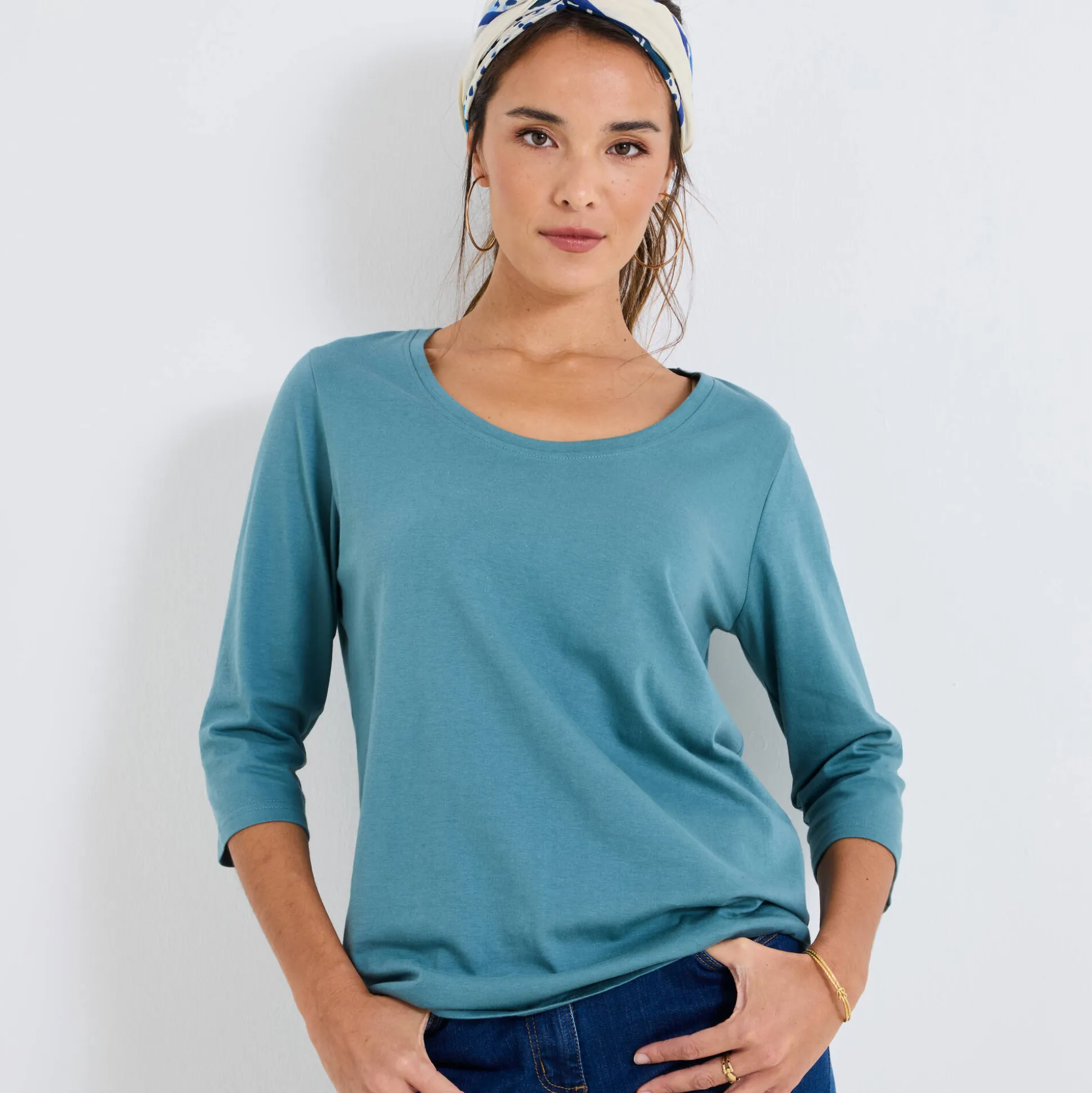 Effen T-shirt met 3/4-mouwen en ronde hals, katoen