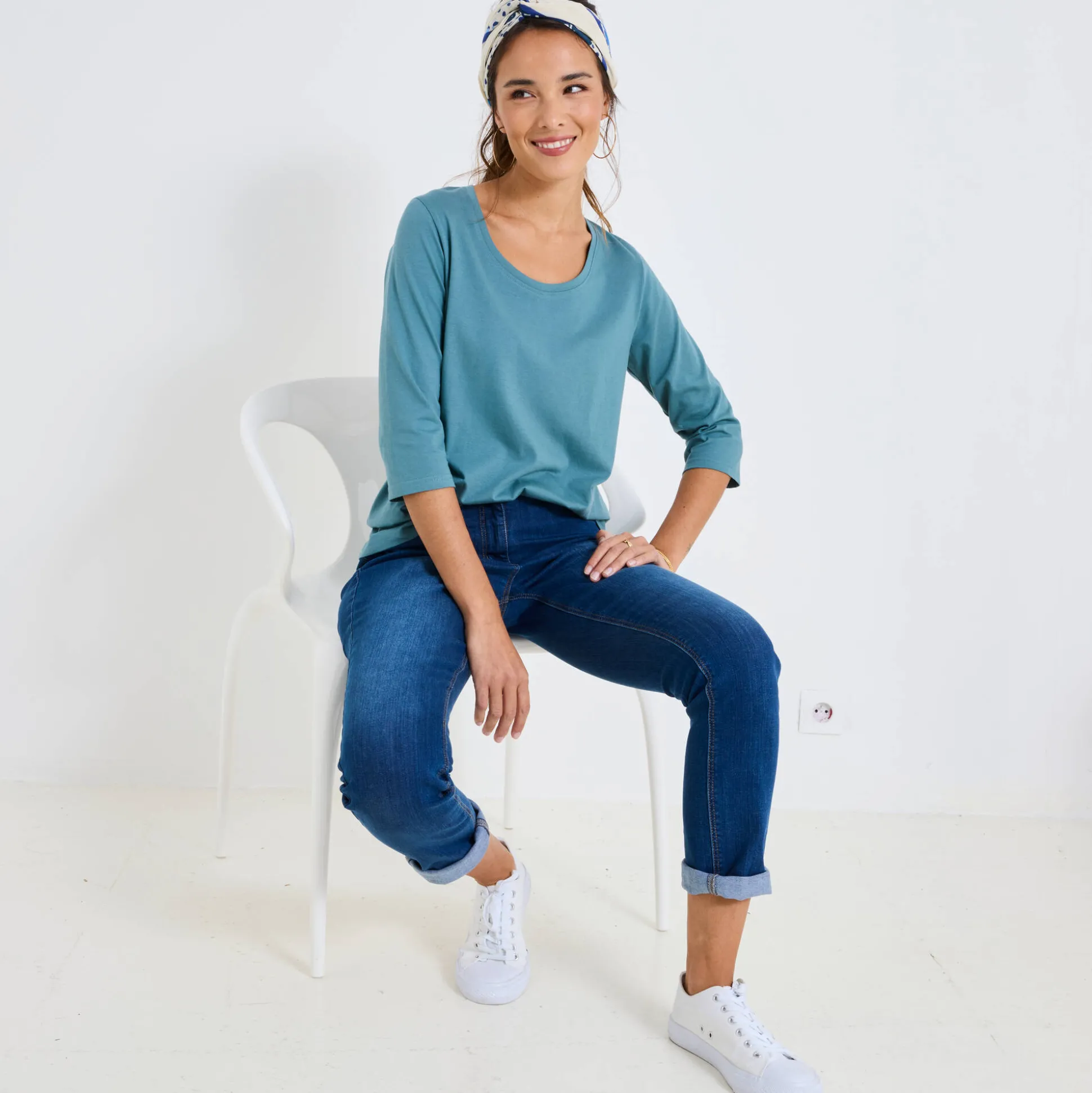 Effen T-shirt met 3/4-mouwen en ronde hals, katoen