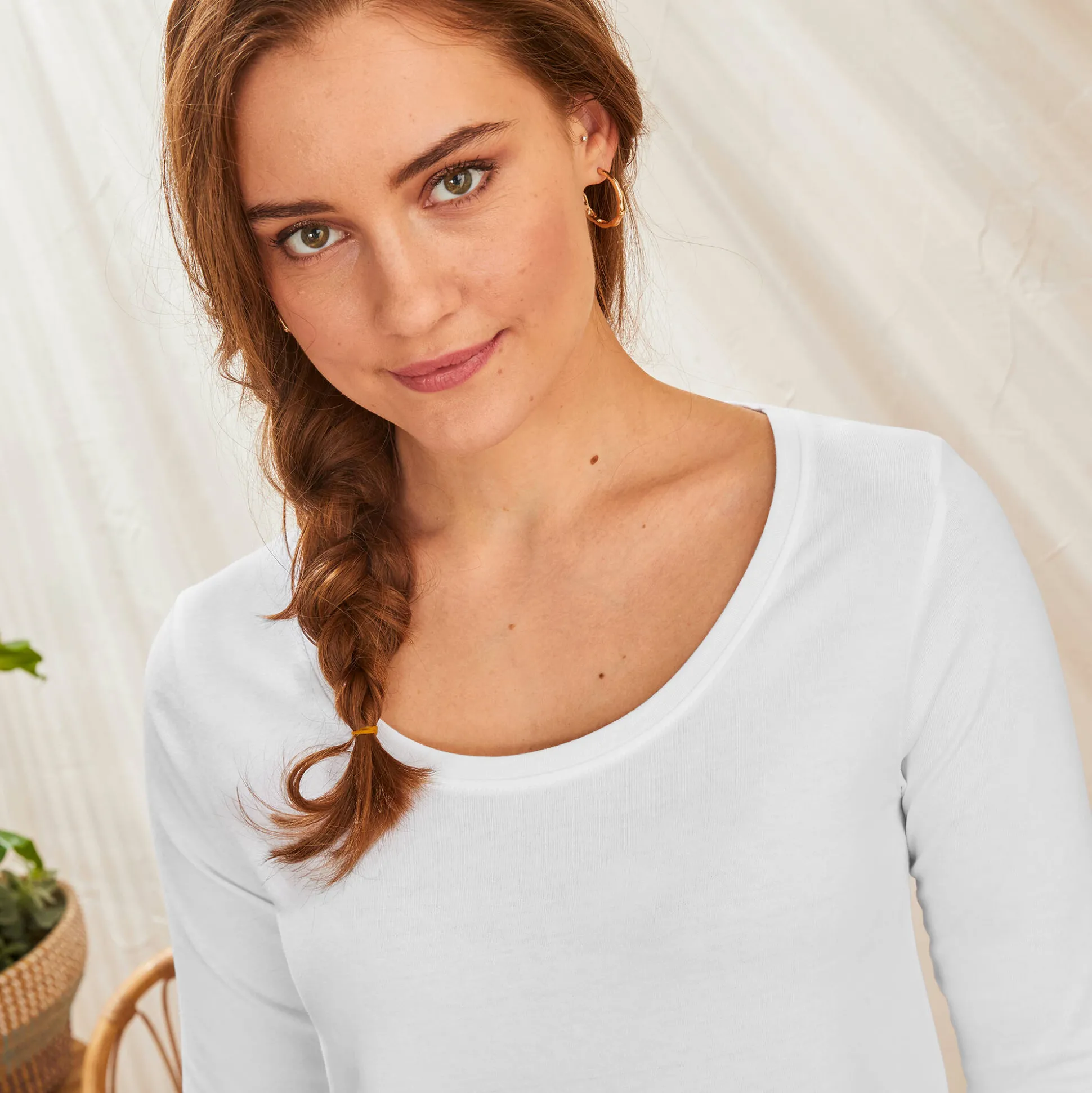 Effen T-shirt met 3/4-mouwen en ronde hals, katoen