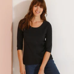 Effen T-shirt met 3/4-mouwen en ronde hals, katoen
