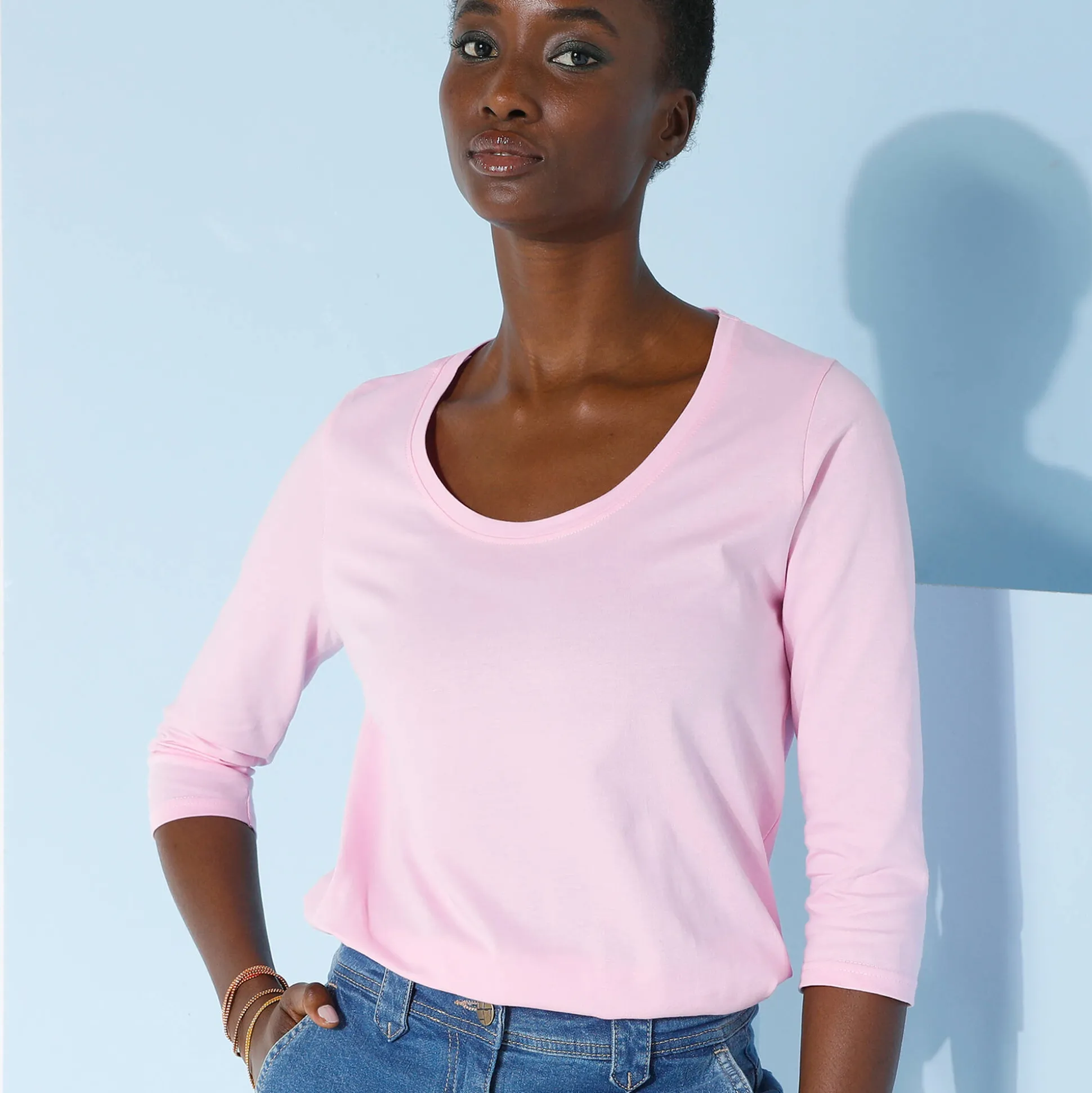 Effen T-shirt met 3/4-mouwen en ronde hals, katoen