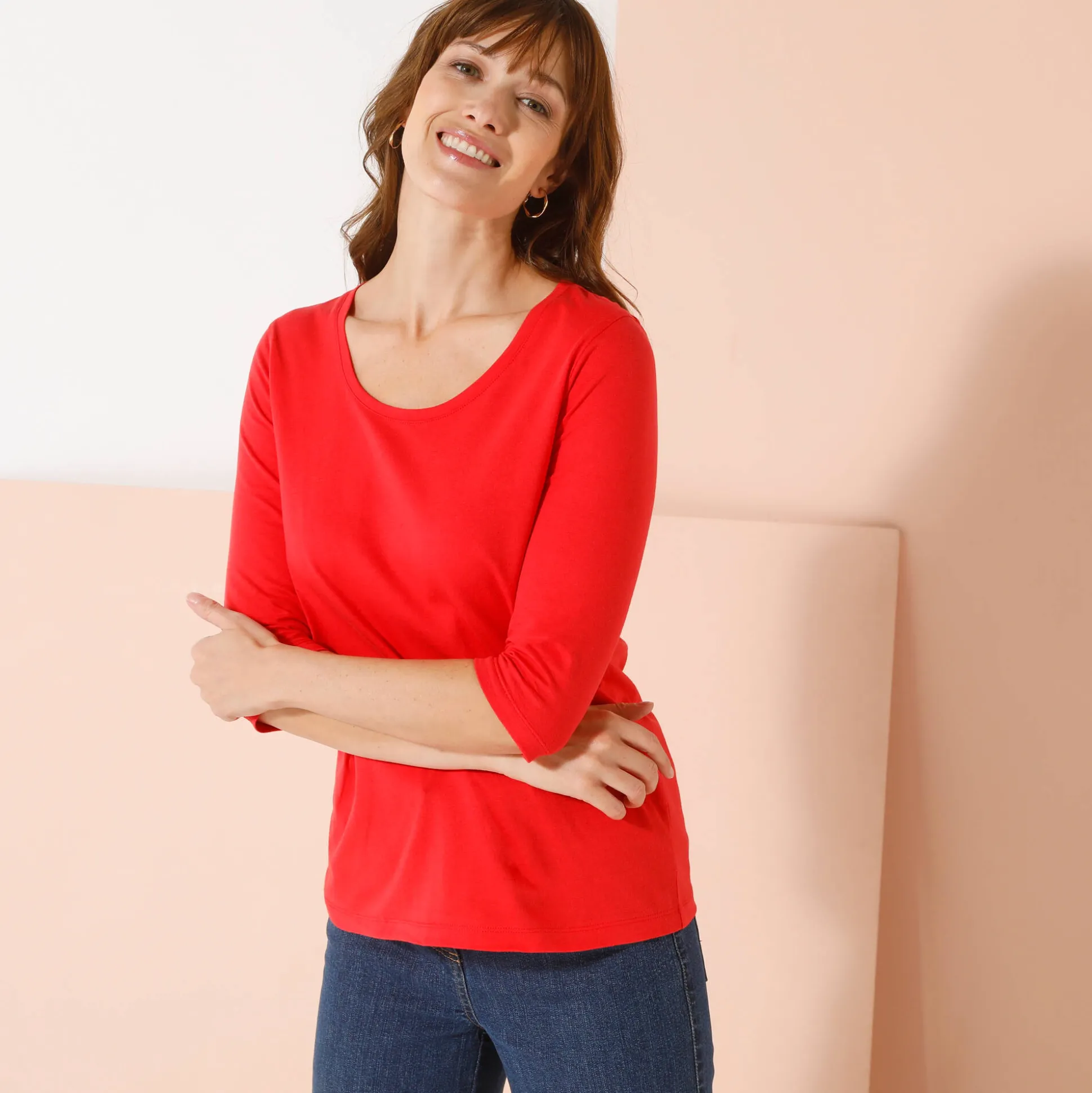 Effen T-shirt met 3/4-mouwen en ronde hals, katoen