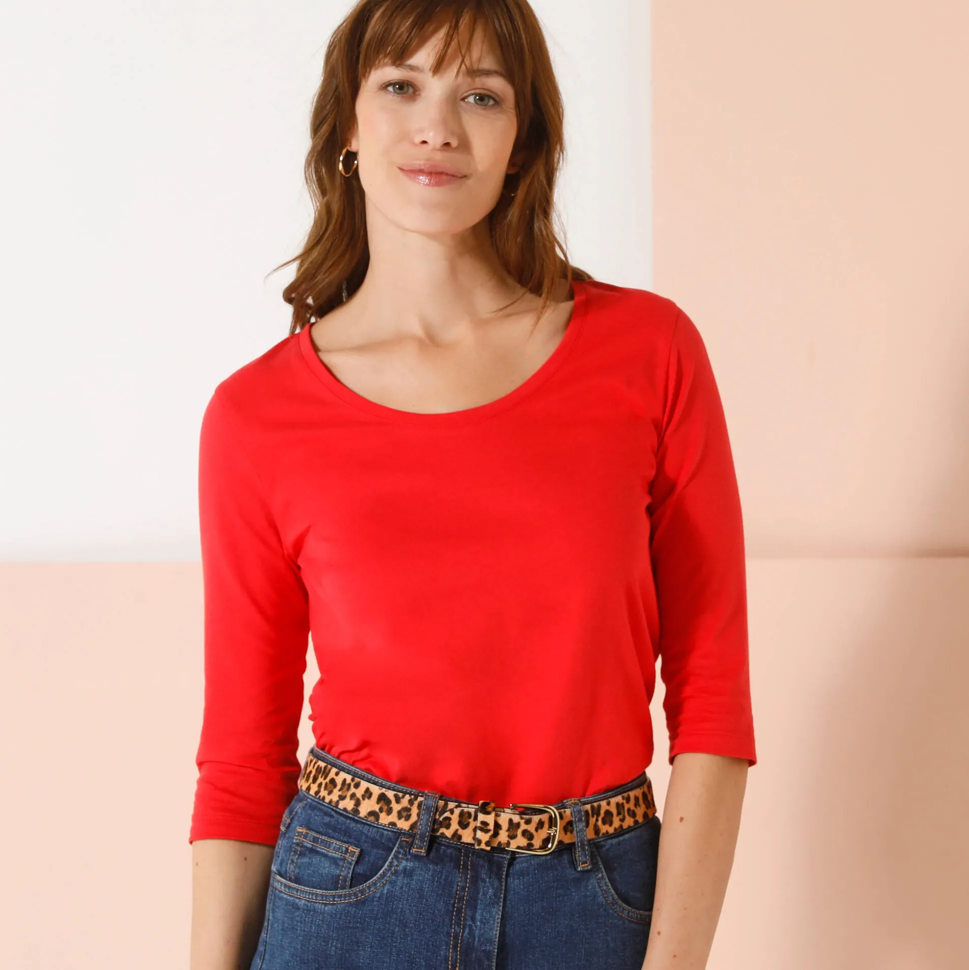Effen T-shirt met 3/4-mouwen en ronde hals, katoen