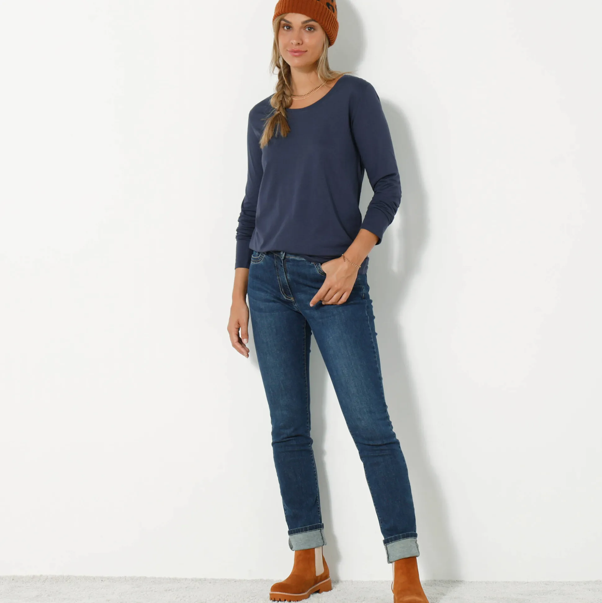Effen T-shirt met ronde hals en lange mouwen
