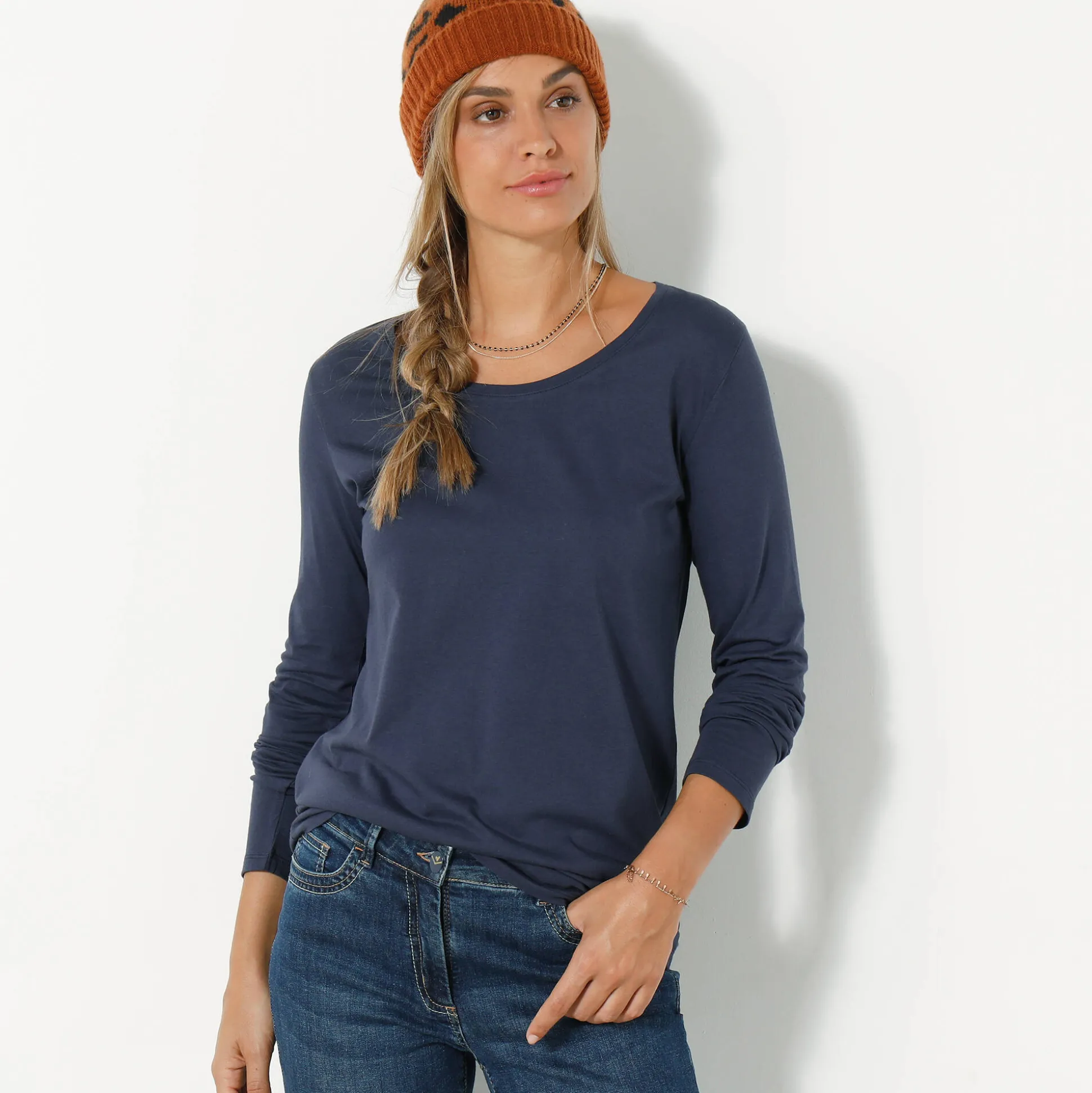 Effen T-shirt met ronde hals en lange mouwen