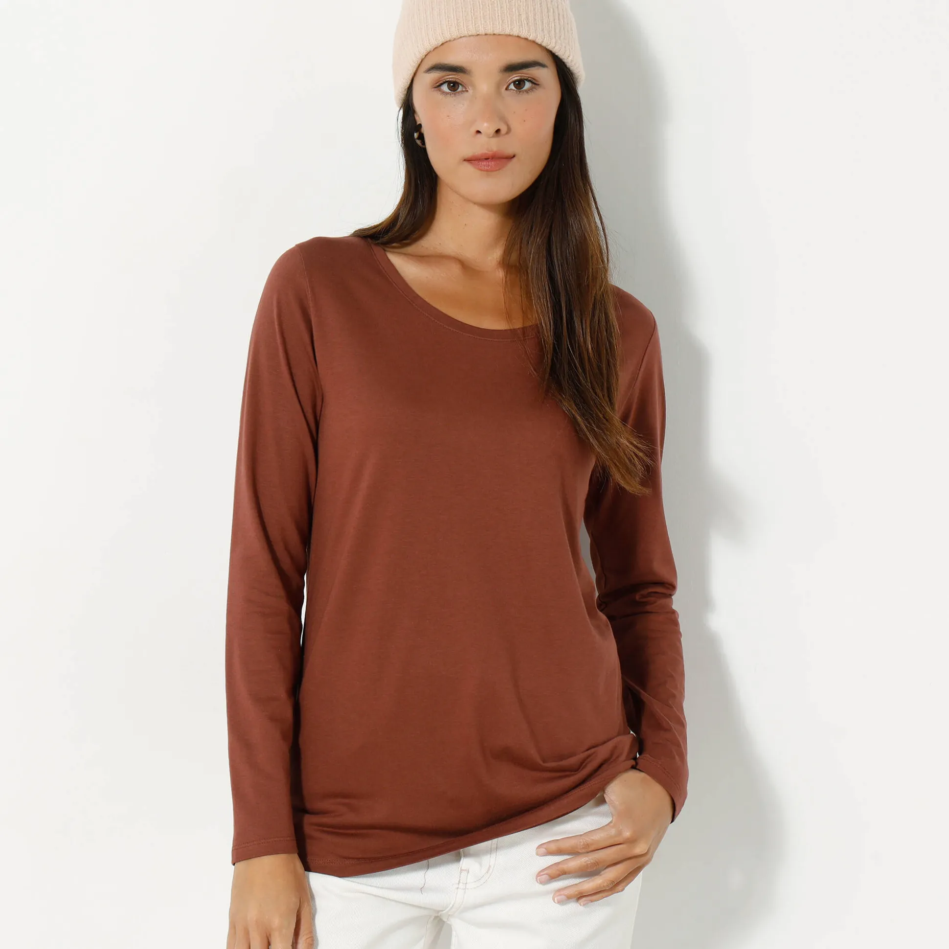 Effen T-shirt met ronde hals en lange mouwen