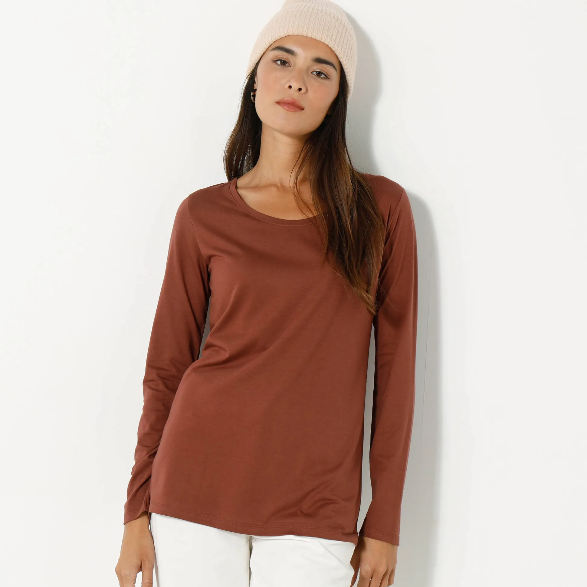 Effen T-shirt met ronde hals en lange mouwen